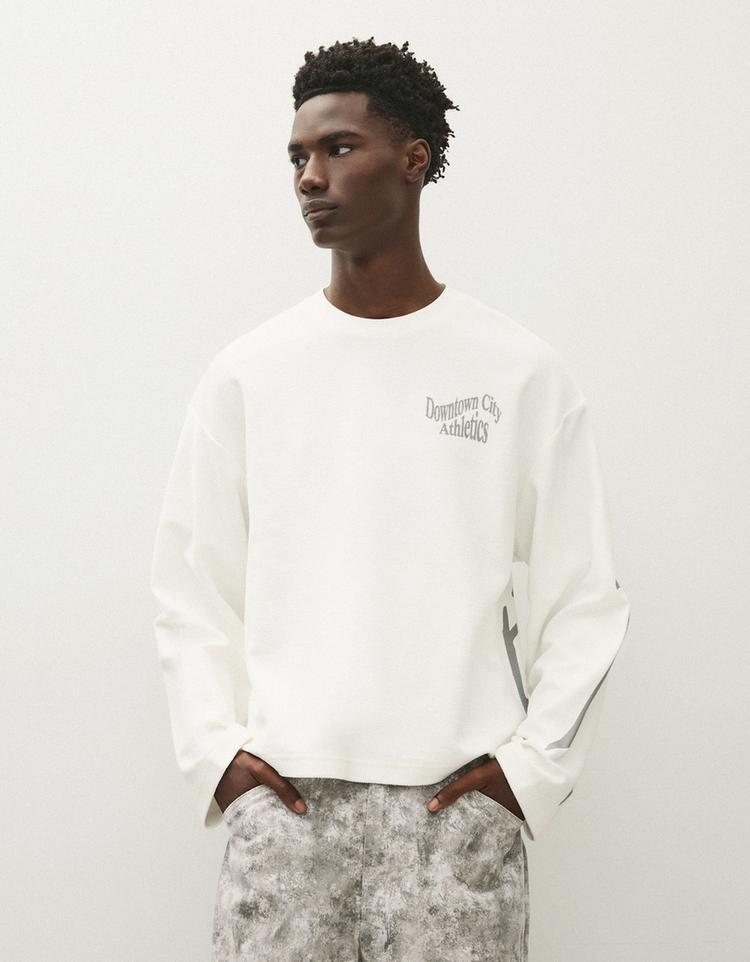 Printed plush round neck sweatshirt — White