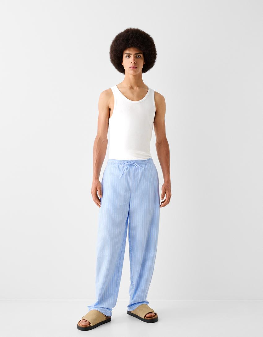 Calças baggy jogger às riscas-Azul claro-1