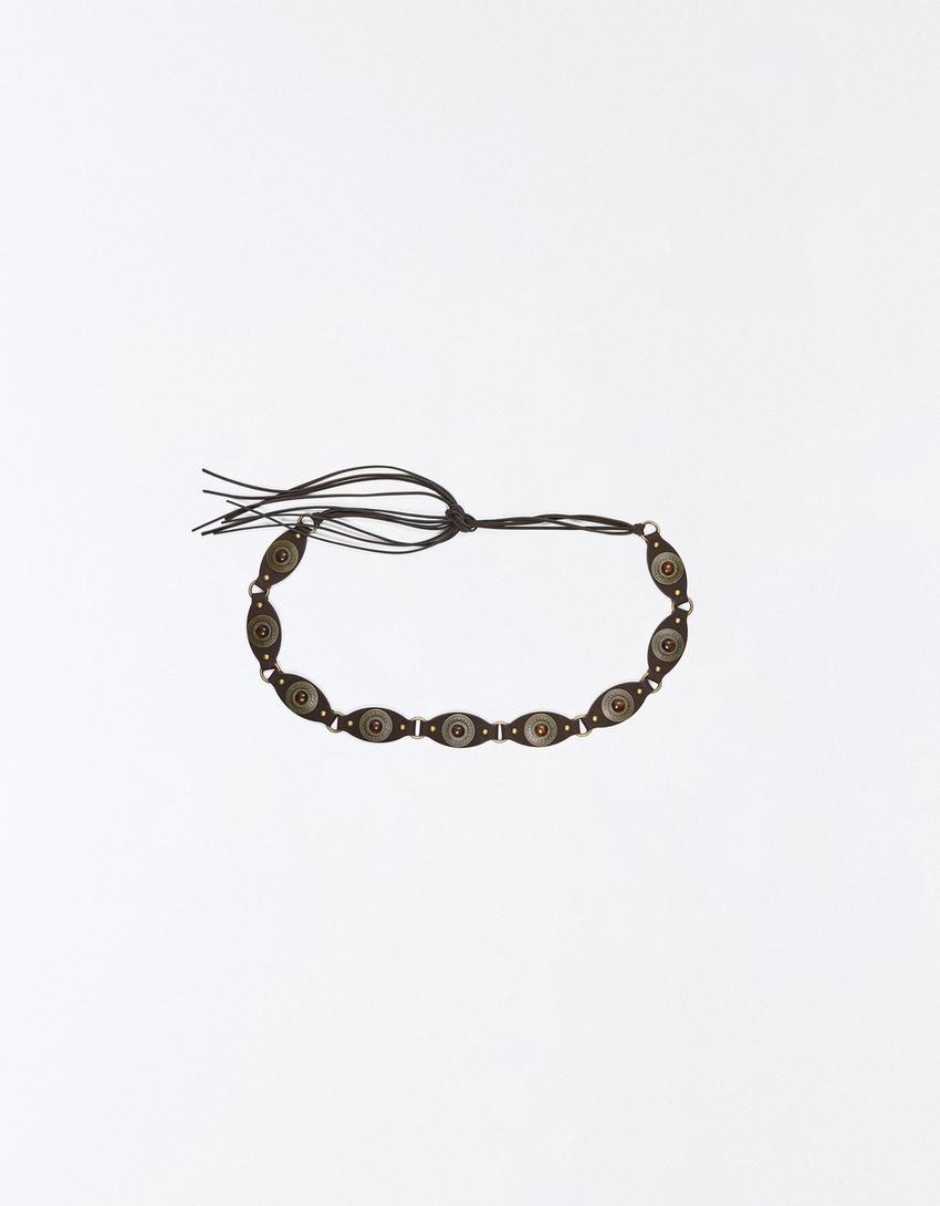 Ремень с медальонами и камнями-Κоричневый