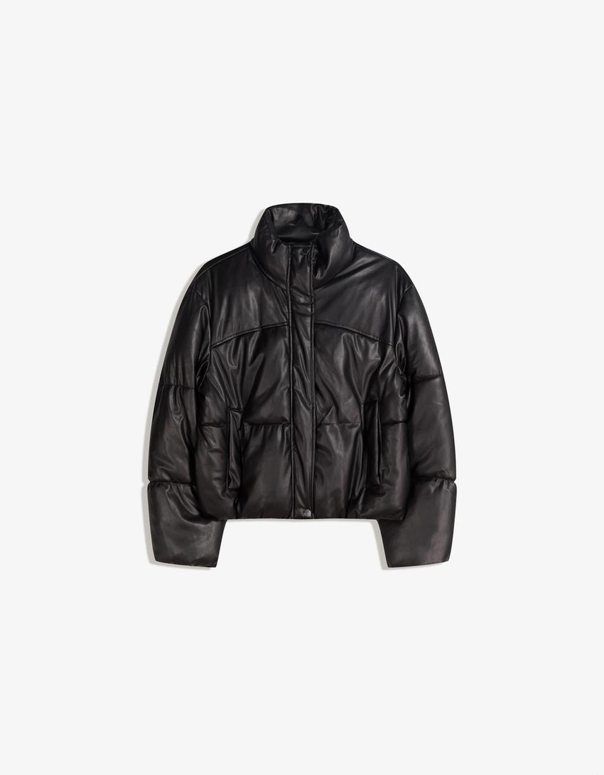 Leather effect puffer jacket-Black
