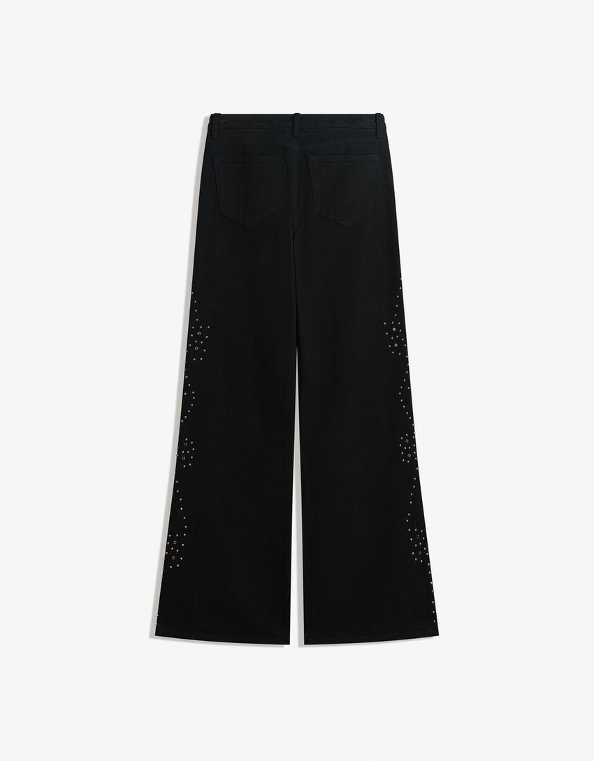 Wide leg jeans met lage taille en studs-Zwart