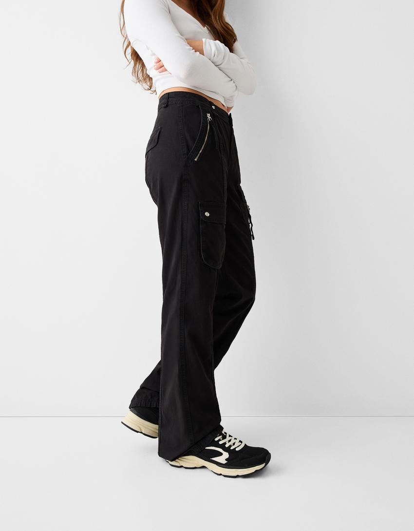 بنطال كارغو قطني بخصر منخفض وشريط-أسود-3
