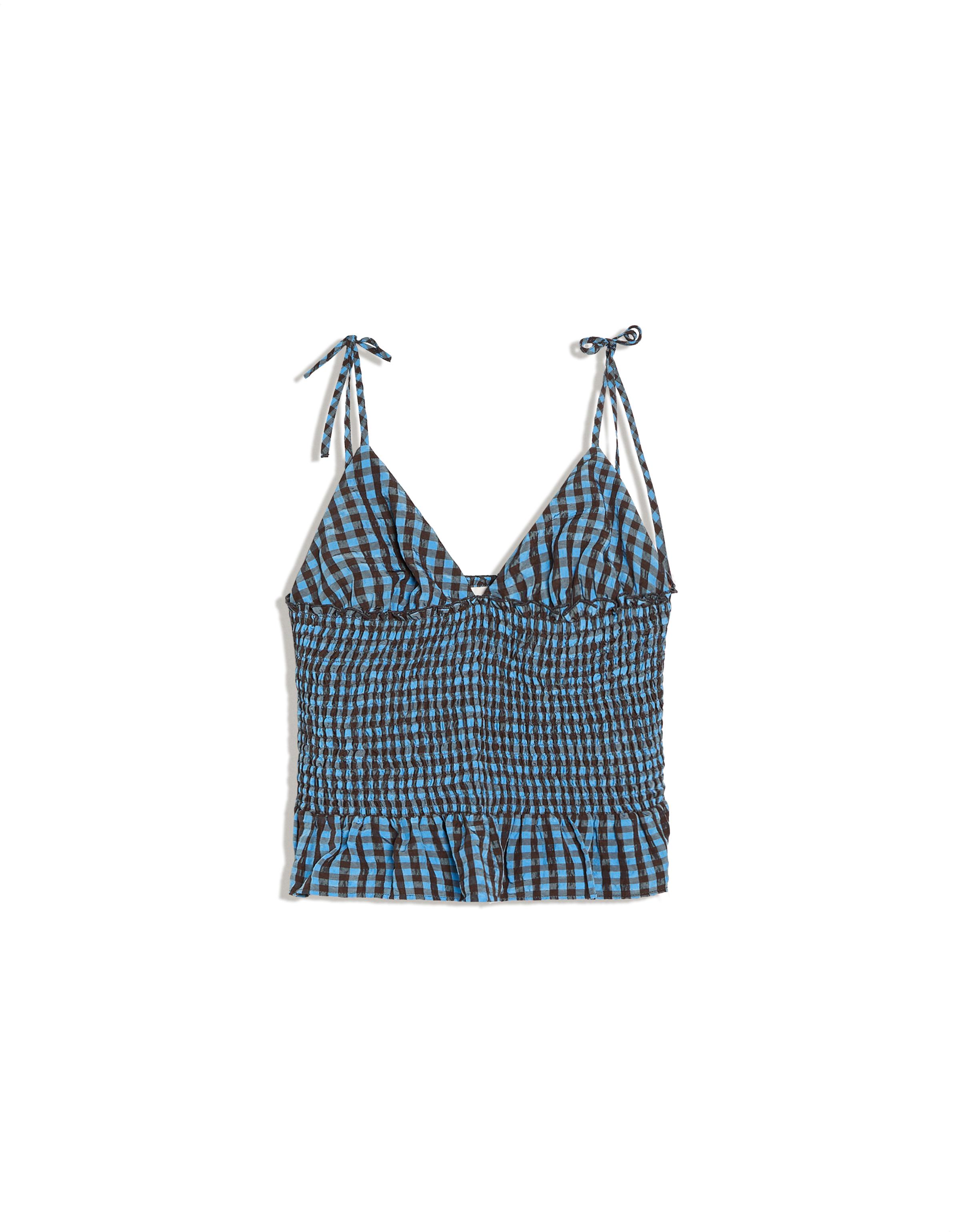 Smocked check strappy top — Blue