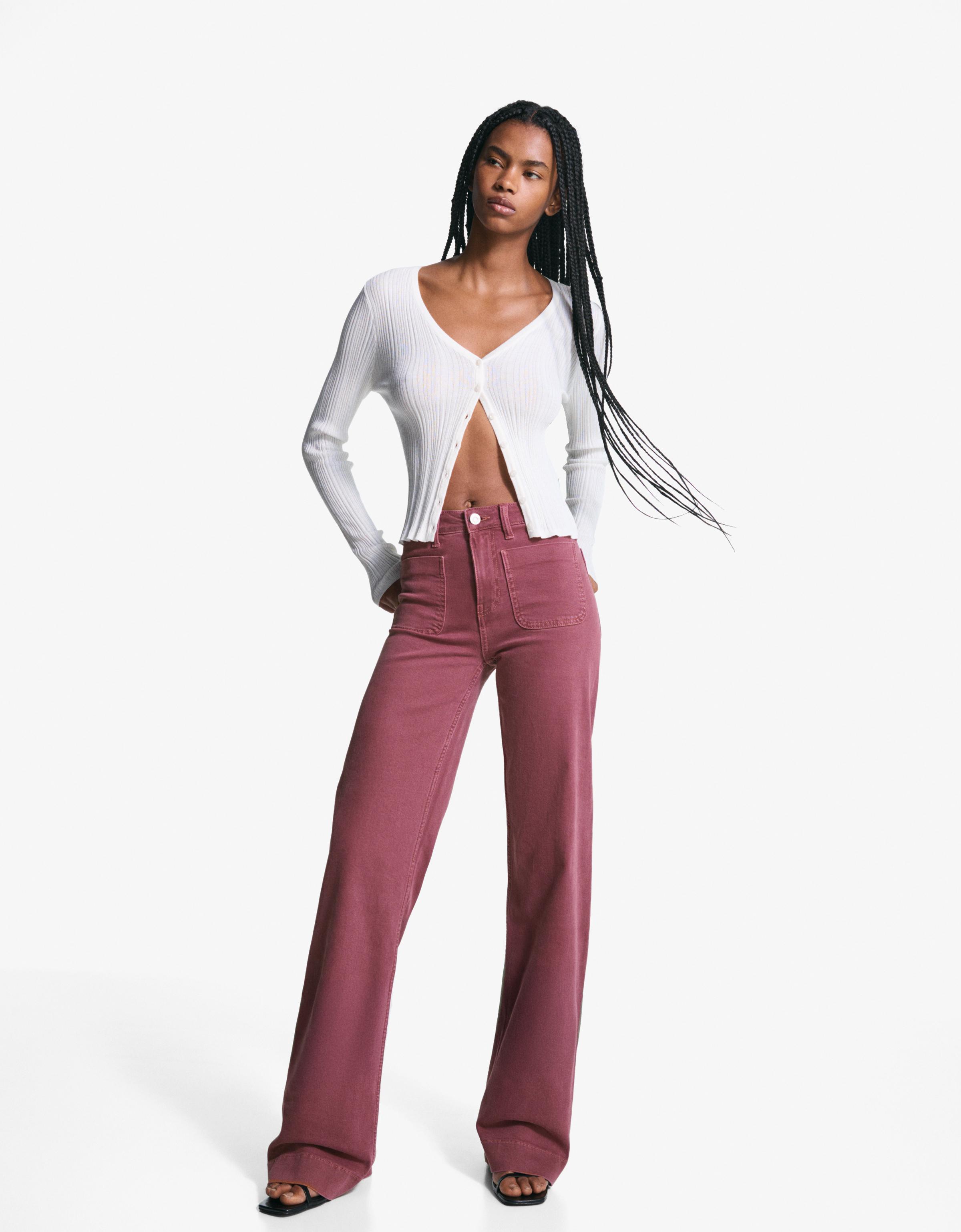 Bershka Jeans Mit Weitem Bein, Nahtlosen Taschen Damen 42 Rot