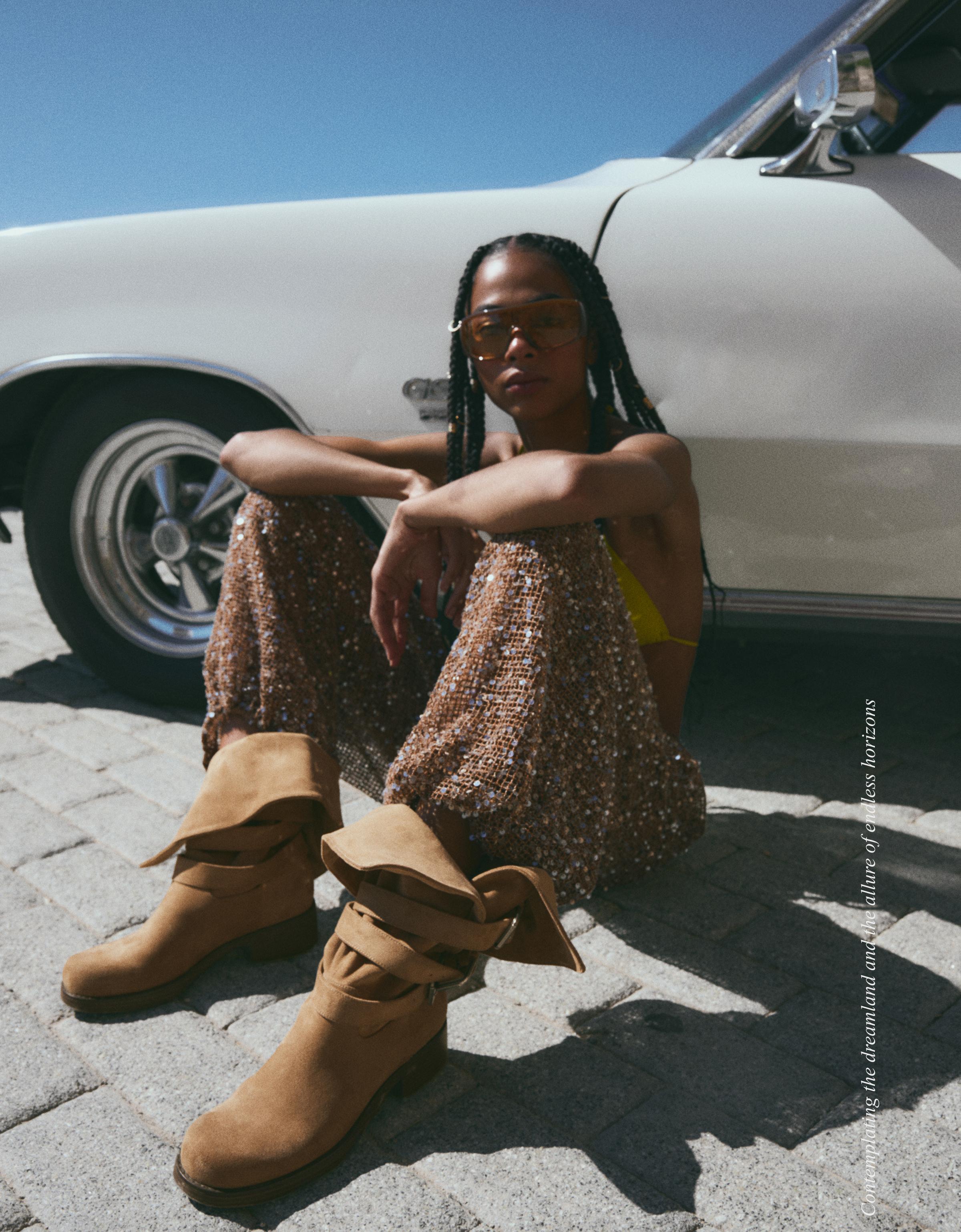 BUCKLED BIKER BOOTS — BEIGE