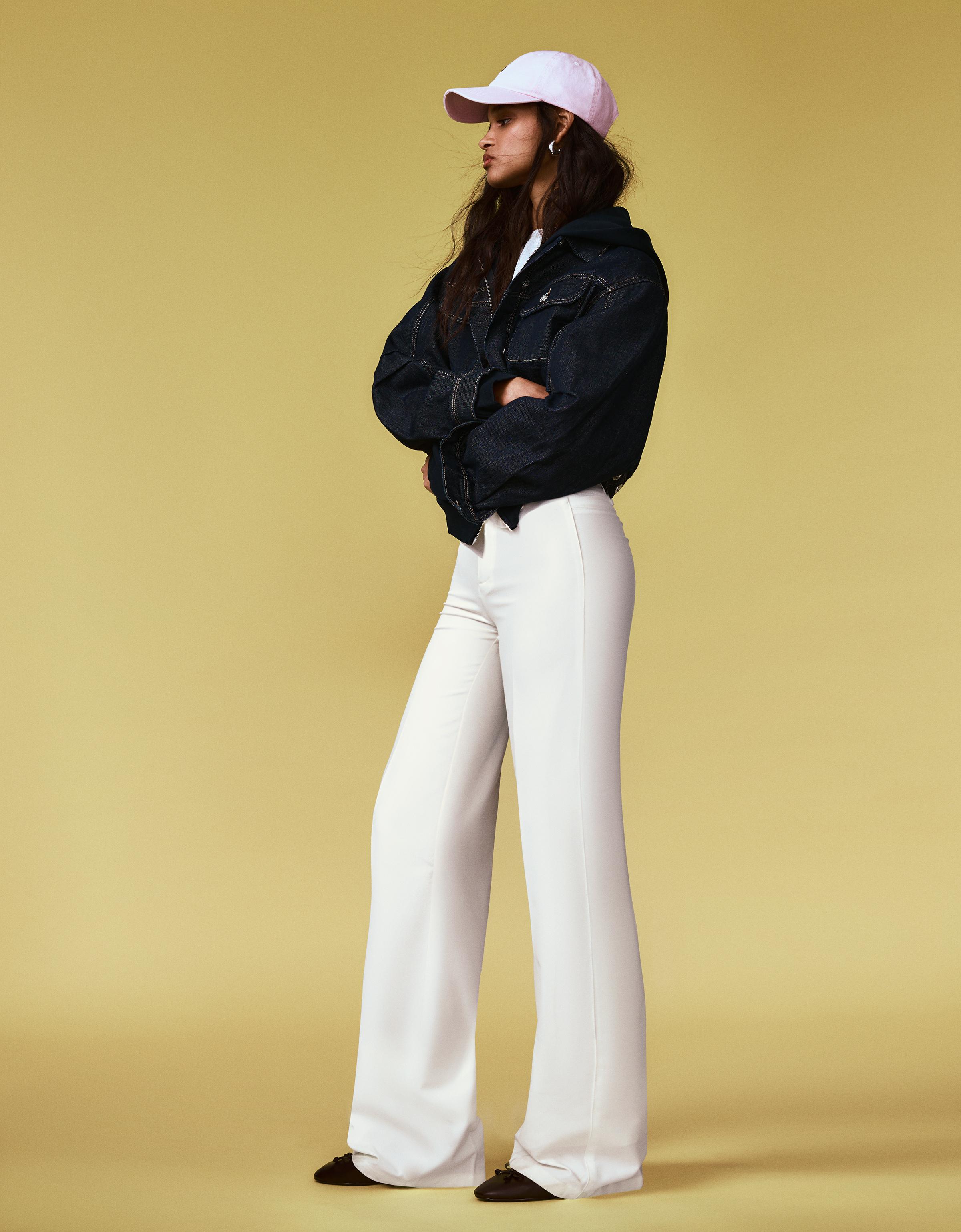 Bershka Pantalón Wide Leg Mujer Blanco