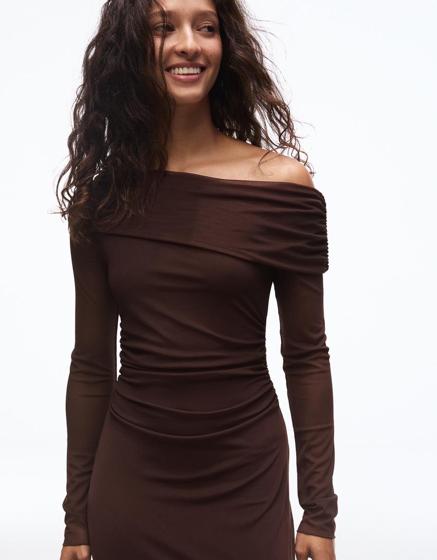 Robe midi manches longues bardot tulle imprimé-Marron