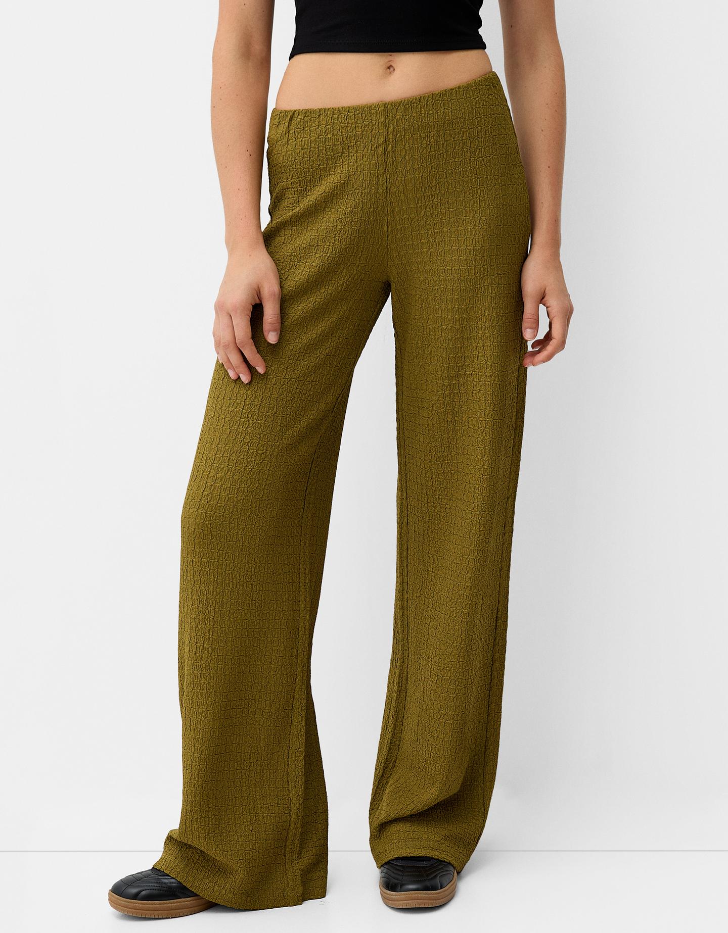 Bershka Pantalón Wide Leg Gofrado Mujer M Verde