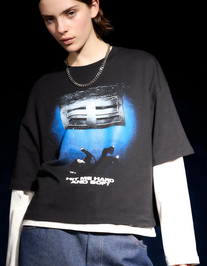 Koszulka z krótkim rękawem i nadrukiem Billie Eilish-Czarny-2