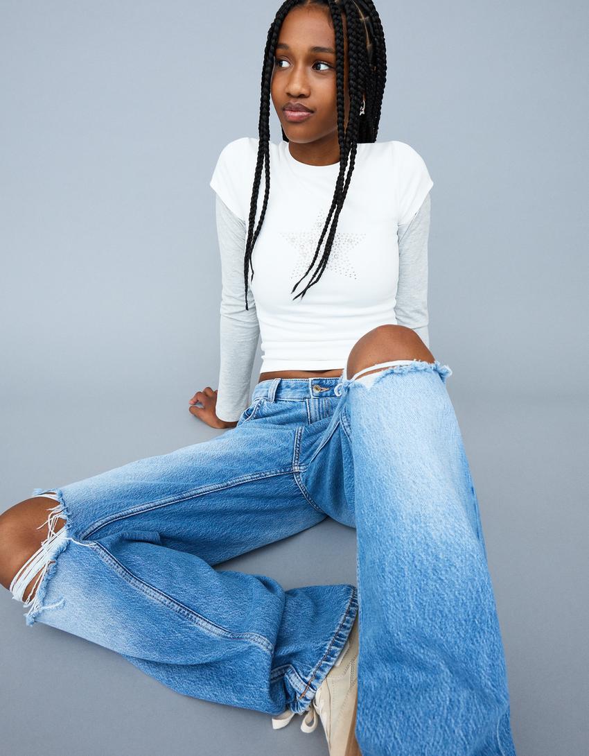 Jeans wide leg rotos-Azul lavado