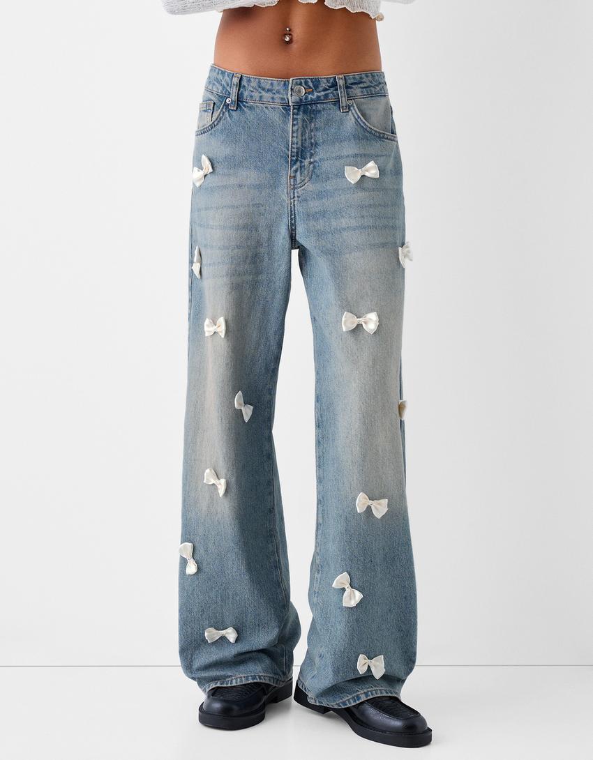 Baggy jeans with bows-Light blue-1