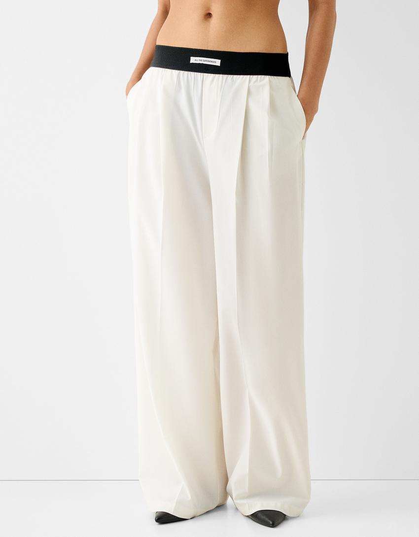 بنطال رسمي واسع الساقين بخصر مرن-كريمي-1