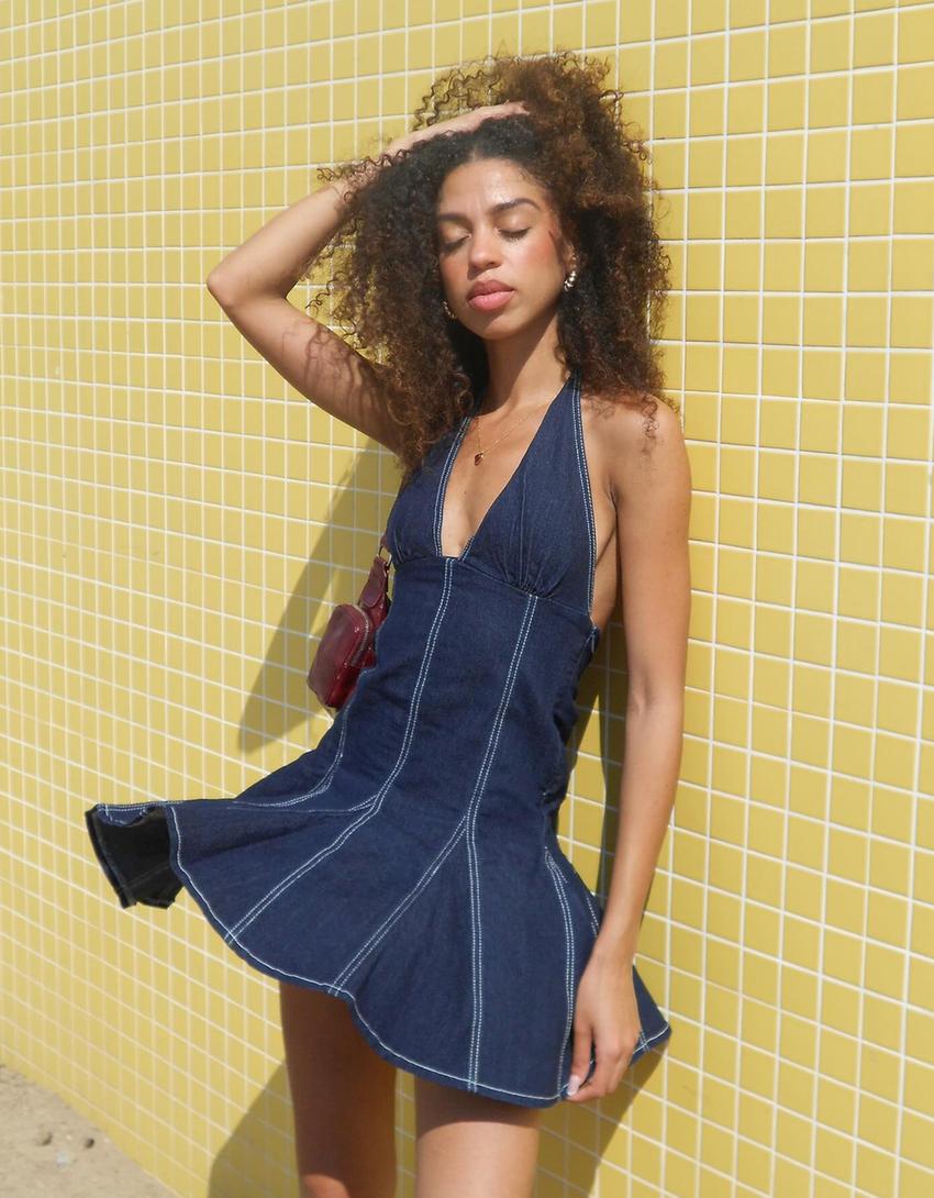 Denim mini dress-Navy-3