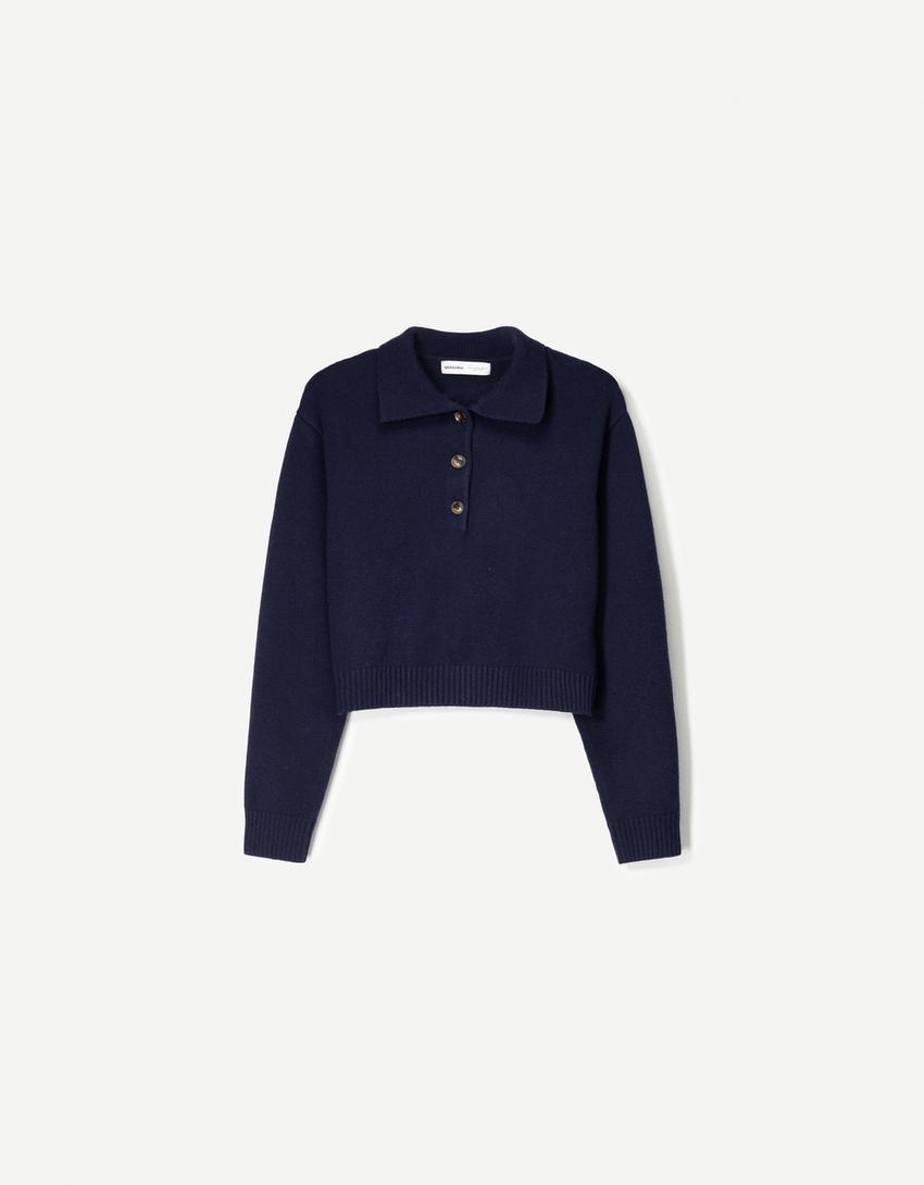 Polo collar sweater-Blue-3