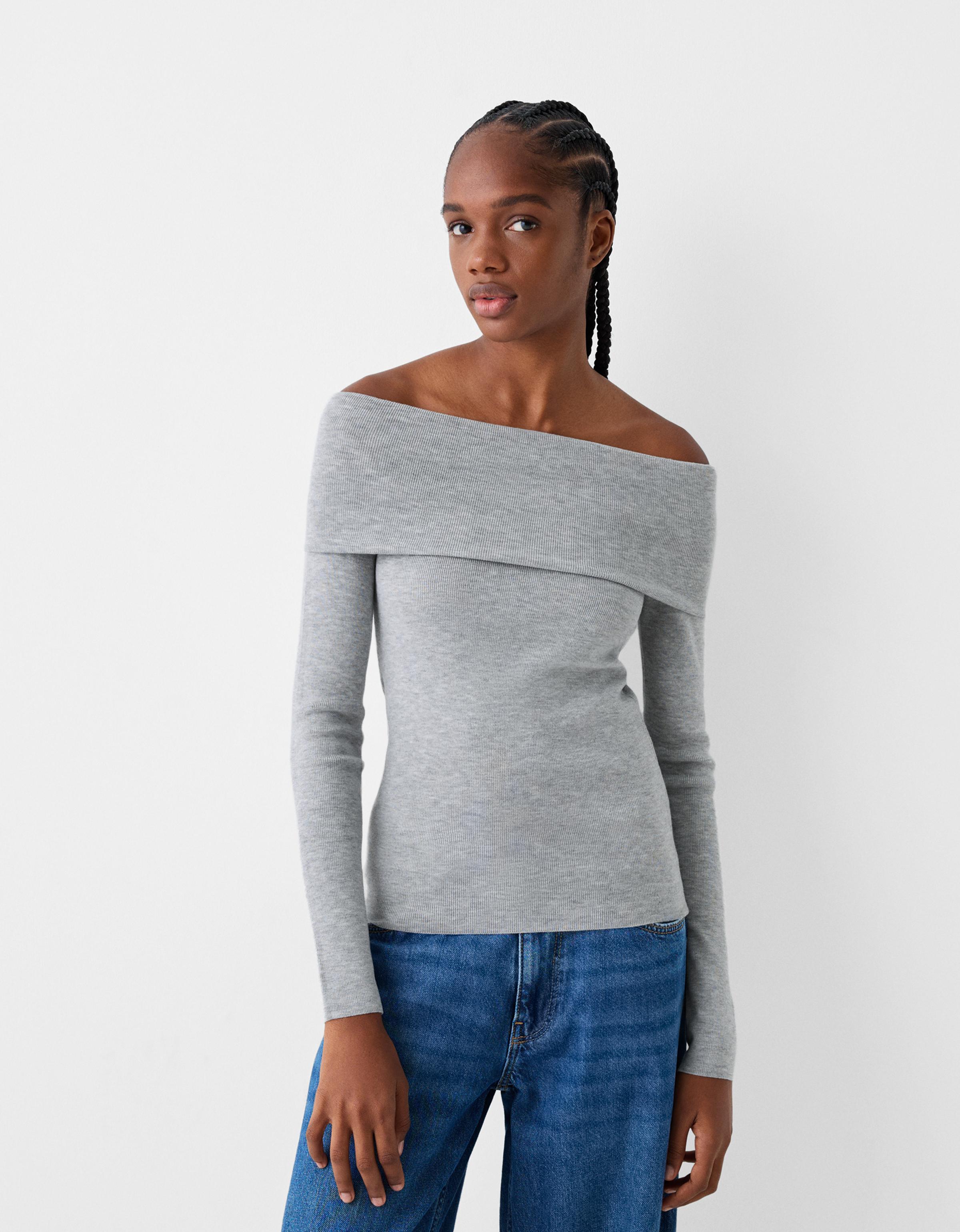 Bershka Pullover Mit Carmen-Ausschnitt Damen S Grau