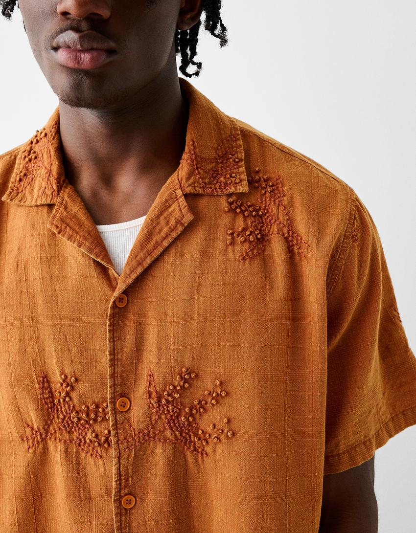 قميص ريفي بطبعة زهور وأكمام قصيرة-برتقالي-6