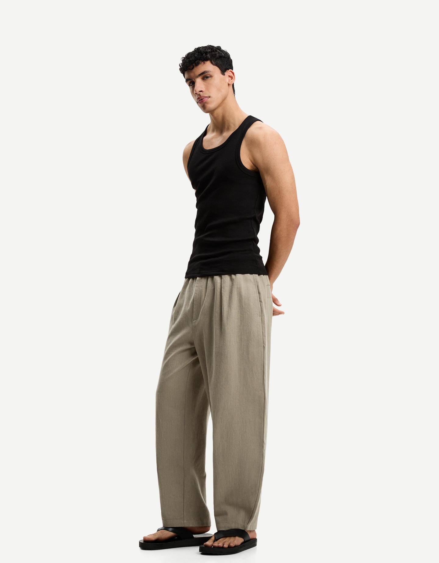 Bershka Pantalón Baggy Tailoring Con Lino Hombre Xl Camel