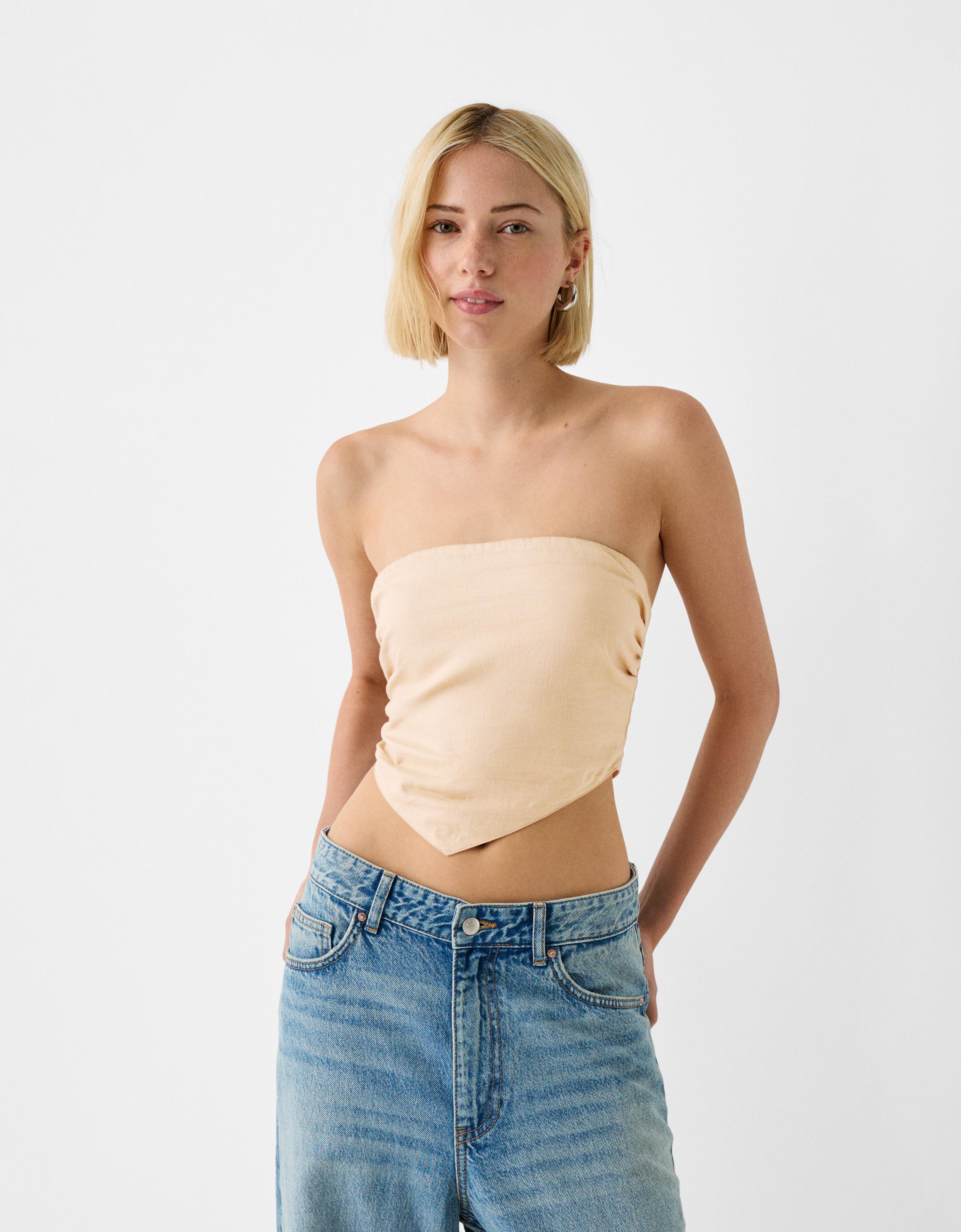 Bershka Top Im Halstuch-Stil Mit Leinen Damen L Sandfarbe