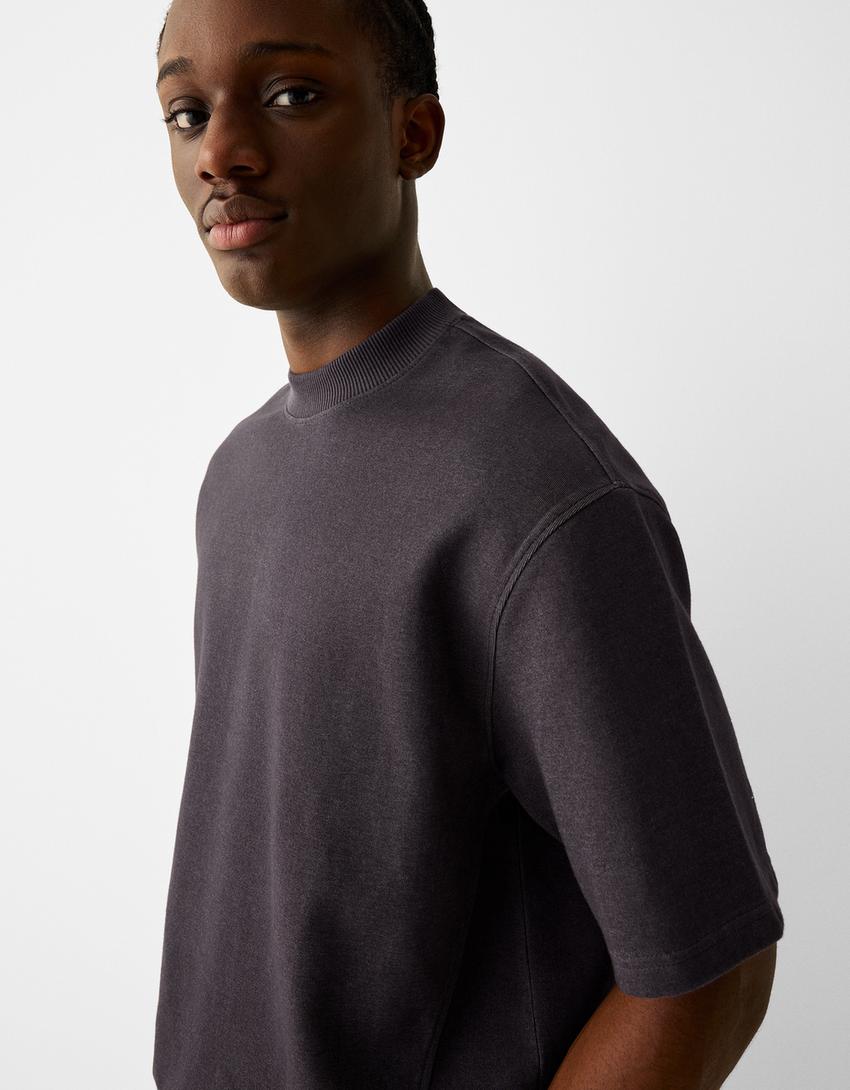 T-shirt manga curta felpa interlock efeito lavado nervuras-Preto-2
