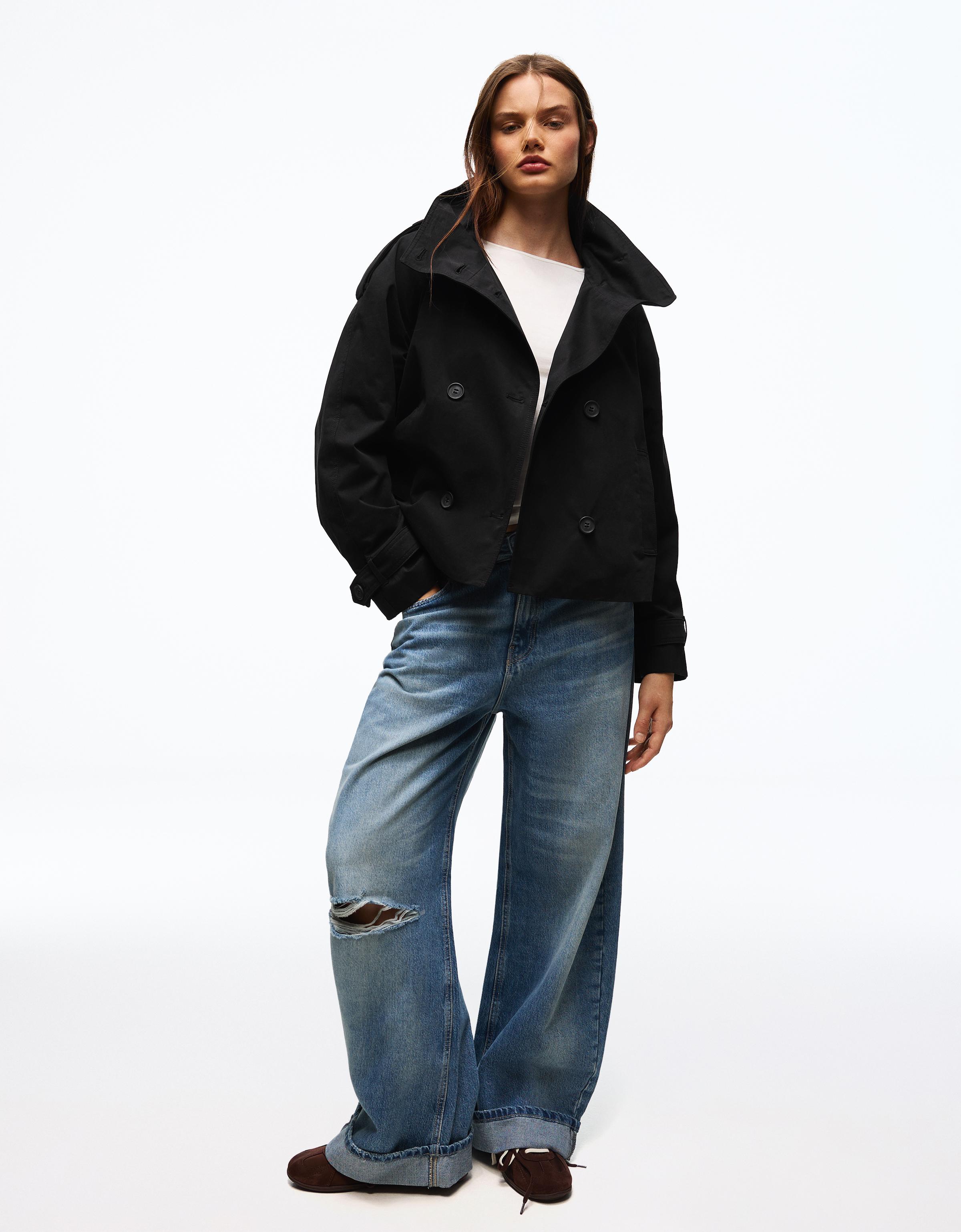 Funnel neck trench jacket — Black