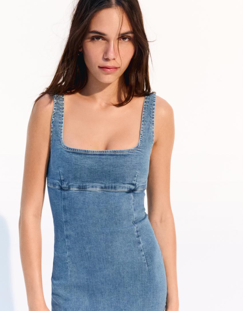 Lange denim jurk met bandjes-Gewassen blauw-2