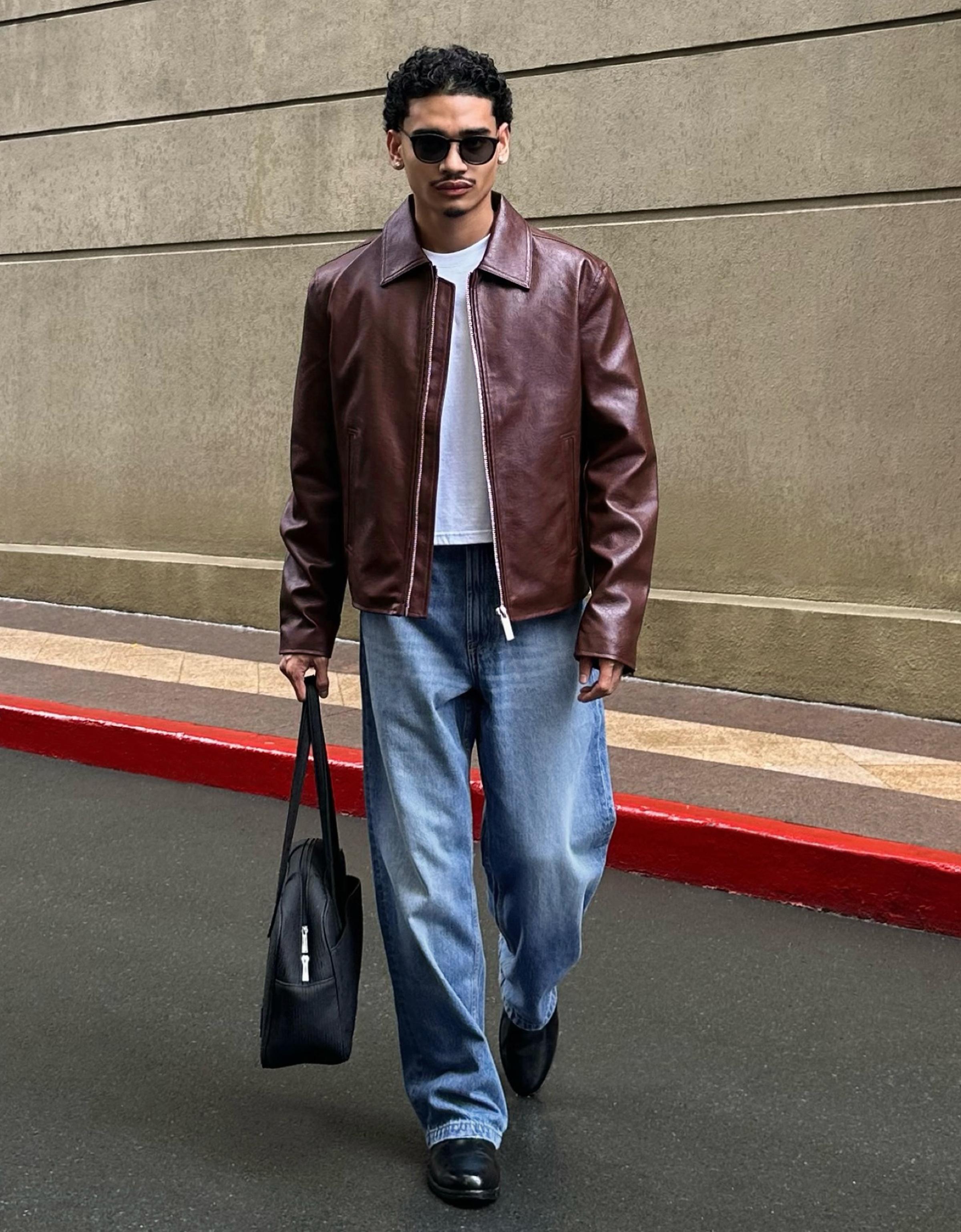 Boxy leather effect jacket — Burgundy