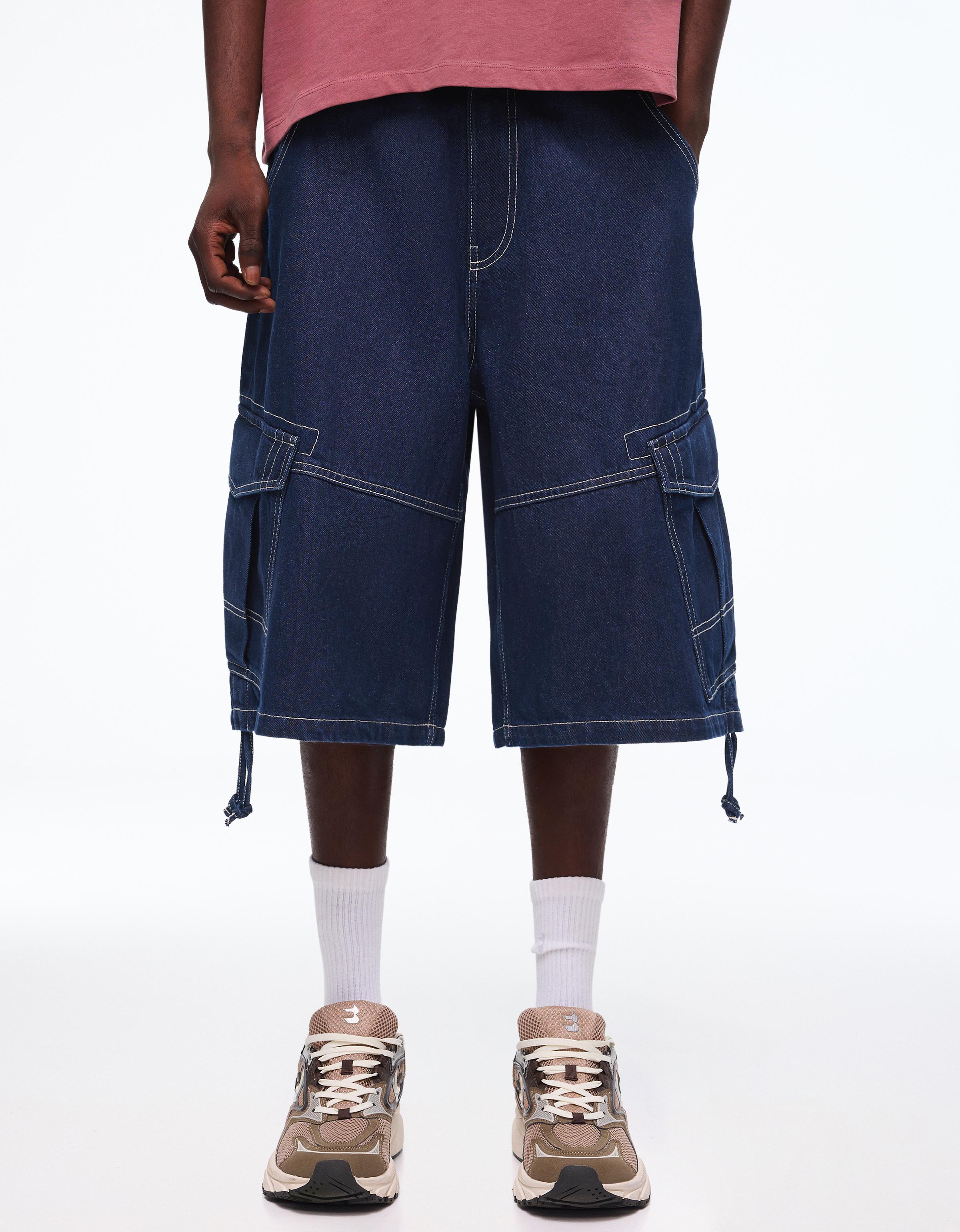 Denim cargo parachute Bermuda shorts — Navy