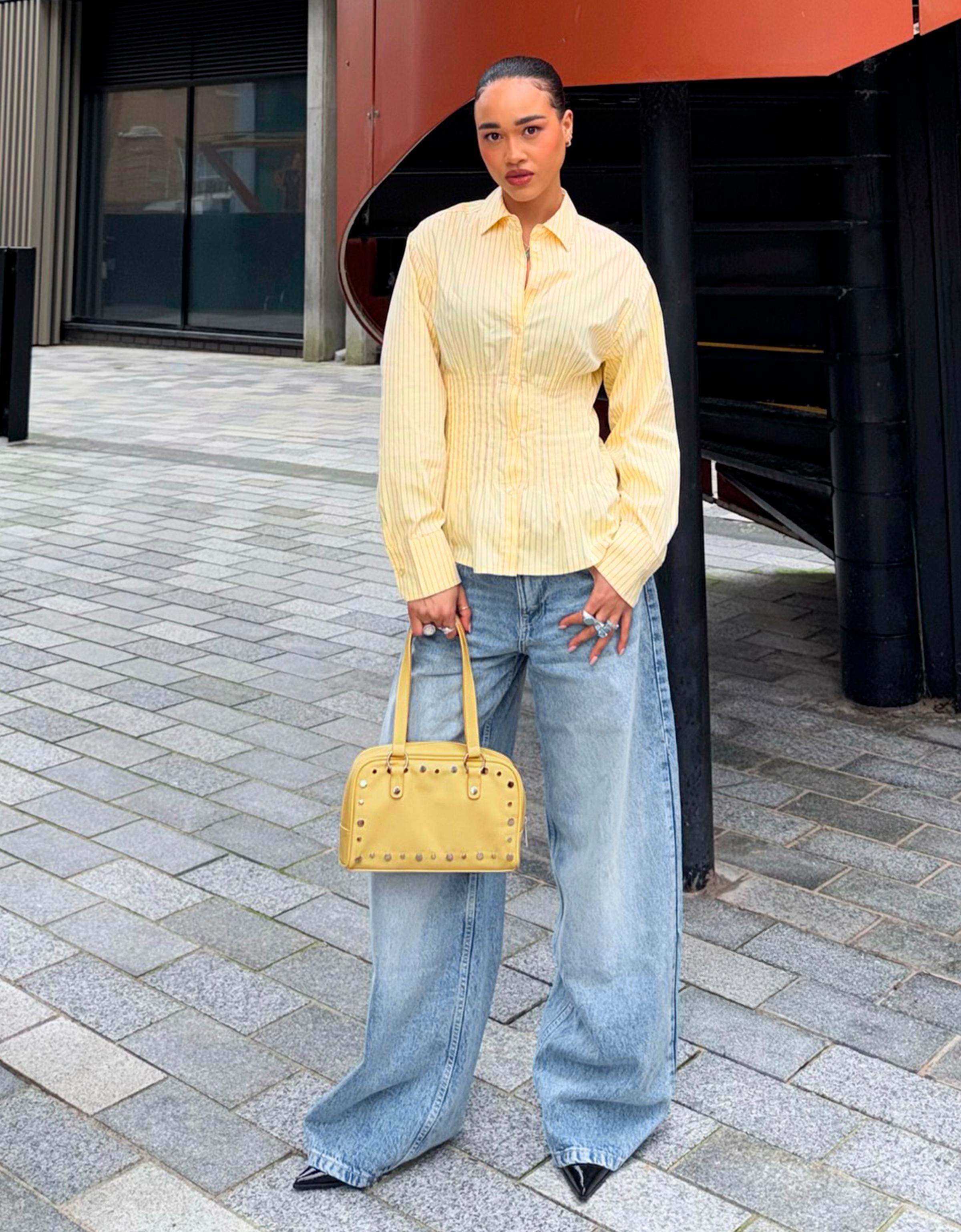 Bershka Camisa Entallada Pinzas Mujer L Amarillo
