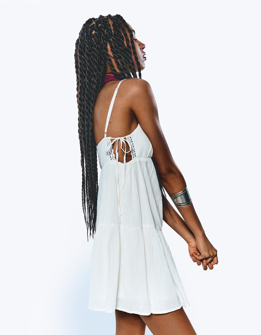 Textured mini dress with lace trim-Cream