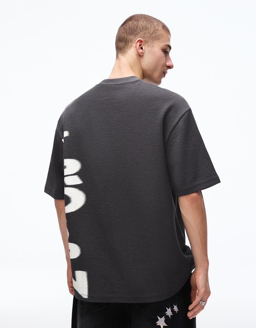 Short sleeve plush print T-shirt-Grey