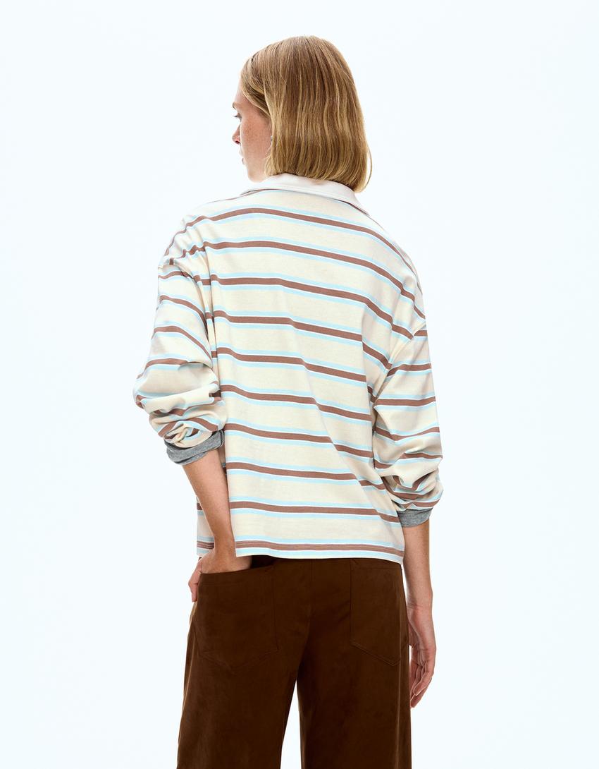 Langarm-Shirt mit Polo-Kragen-Rohweiß