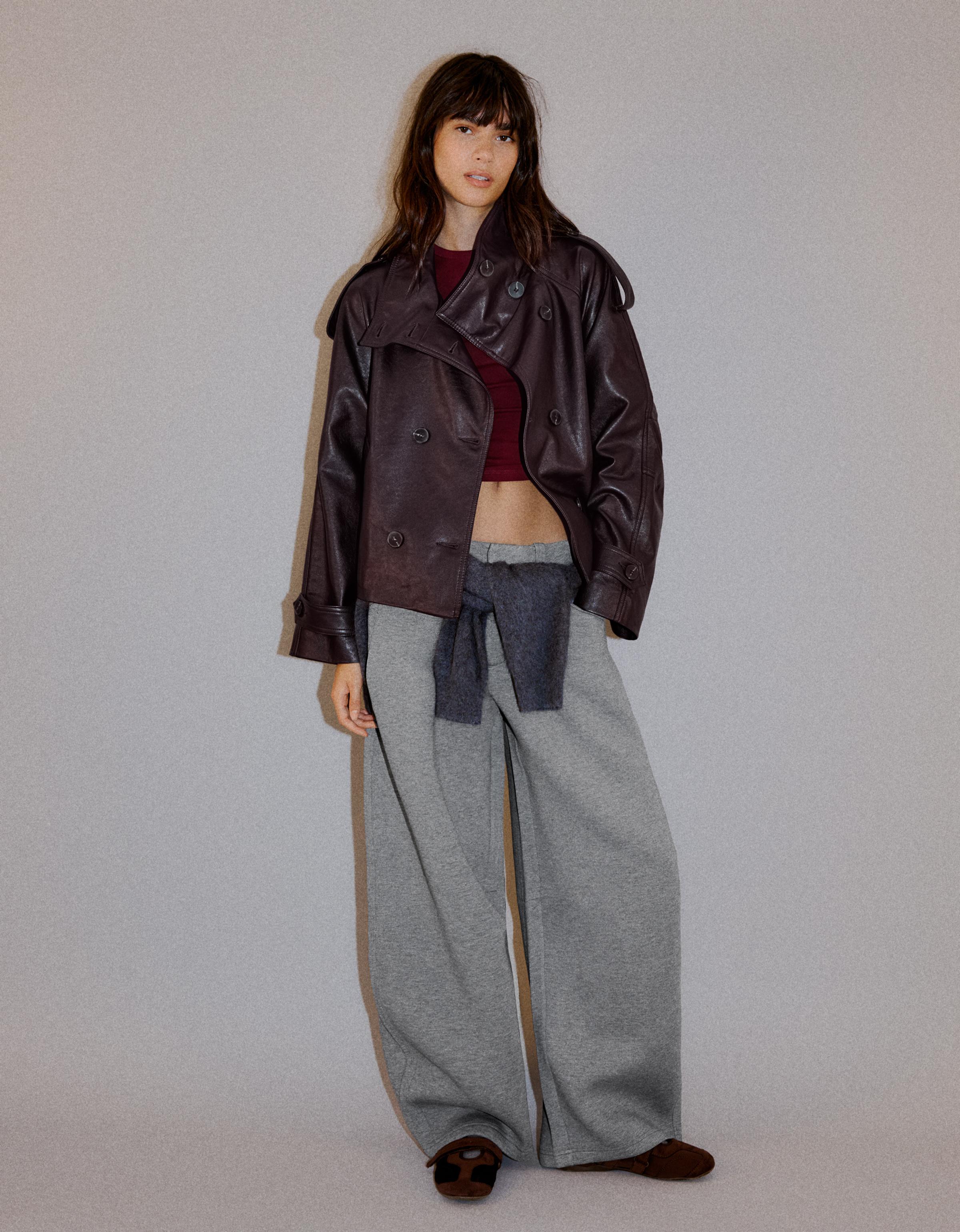 Short leather effect trench jacket — Burgundy