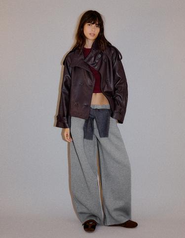 Short leather effect trench jacket — Burgundy 3