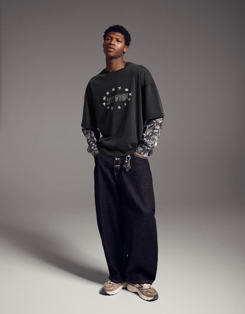 Double print long sleeve T-shirt-Black