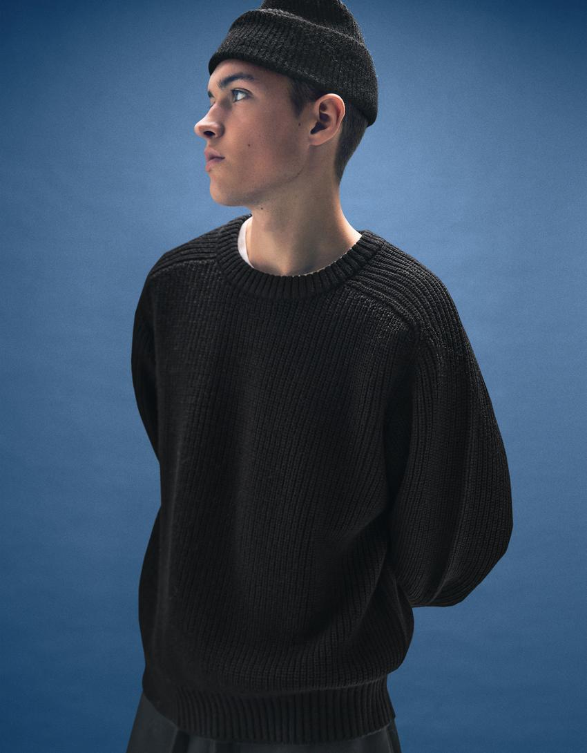 Maglia in maglia perlata con lana-Nero