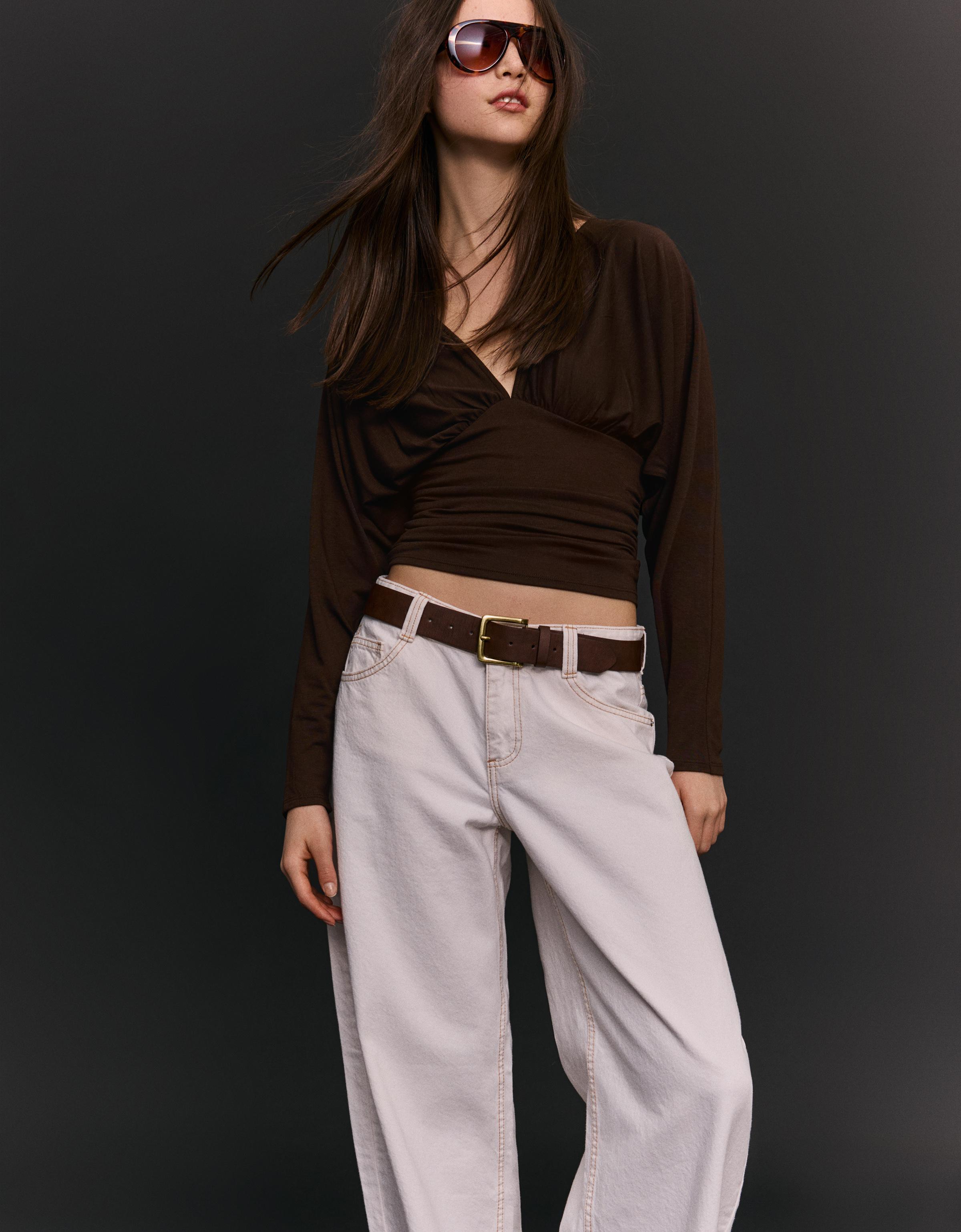 Bershka Langärmeliges Shirt Mit Raffung Damen L Braun