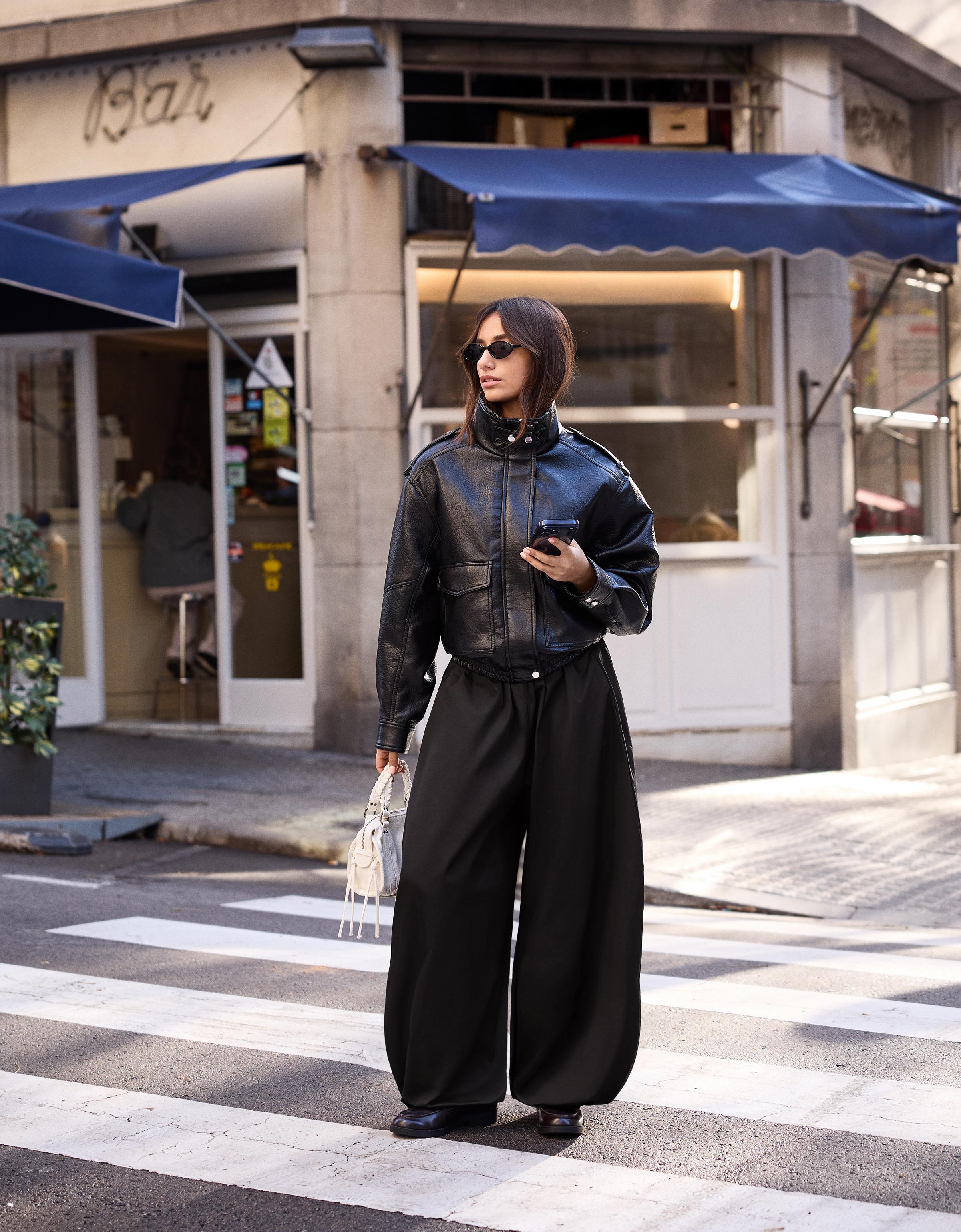 Leather effect funnel neck jacket — Black