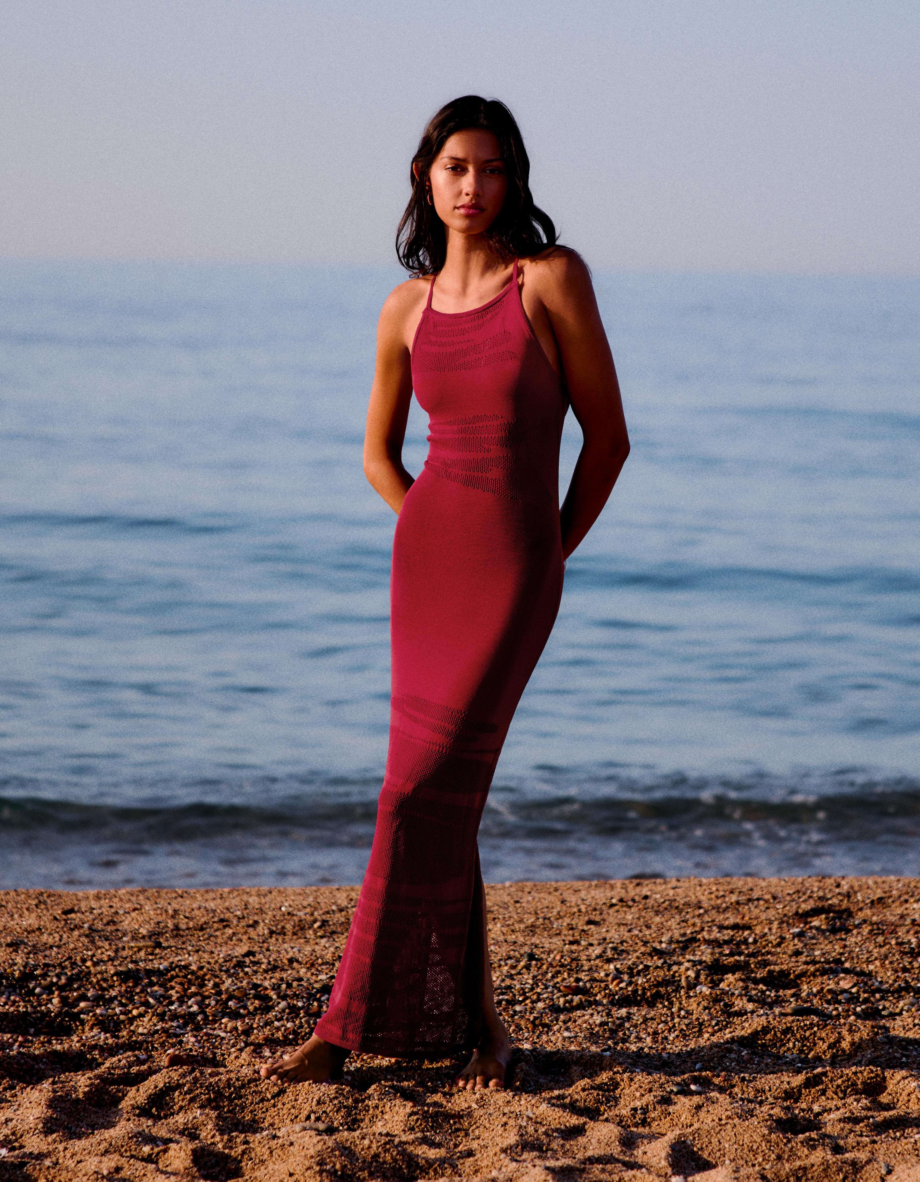 Bershka Vestido Midi Espalda Abierta Mujer Rojo