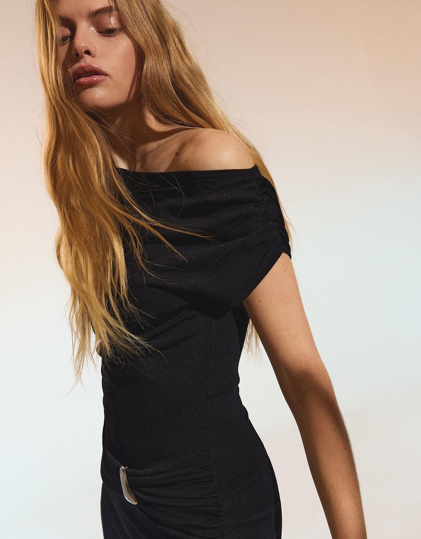 فستان ميدي بحزام-أسود