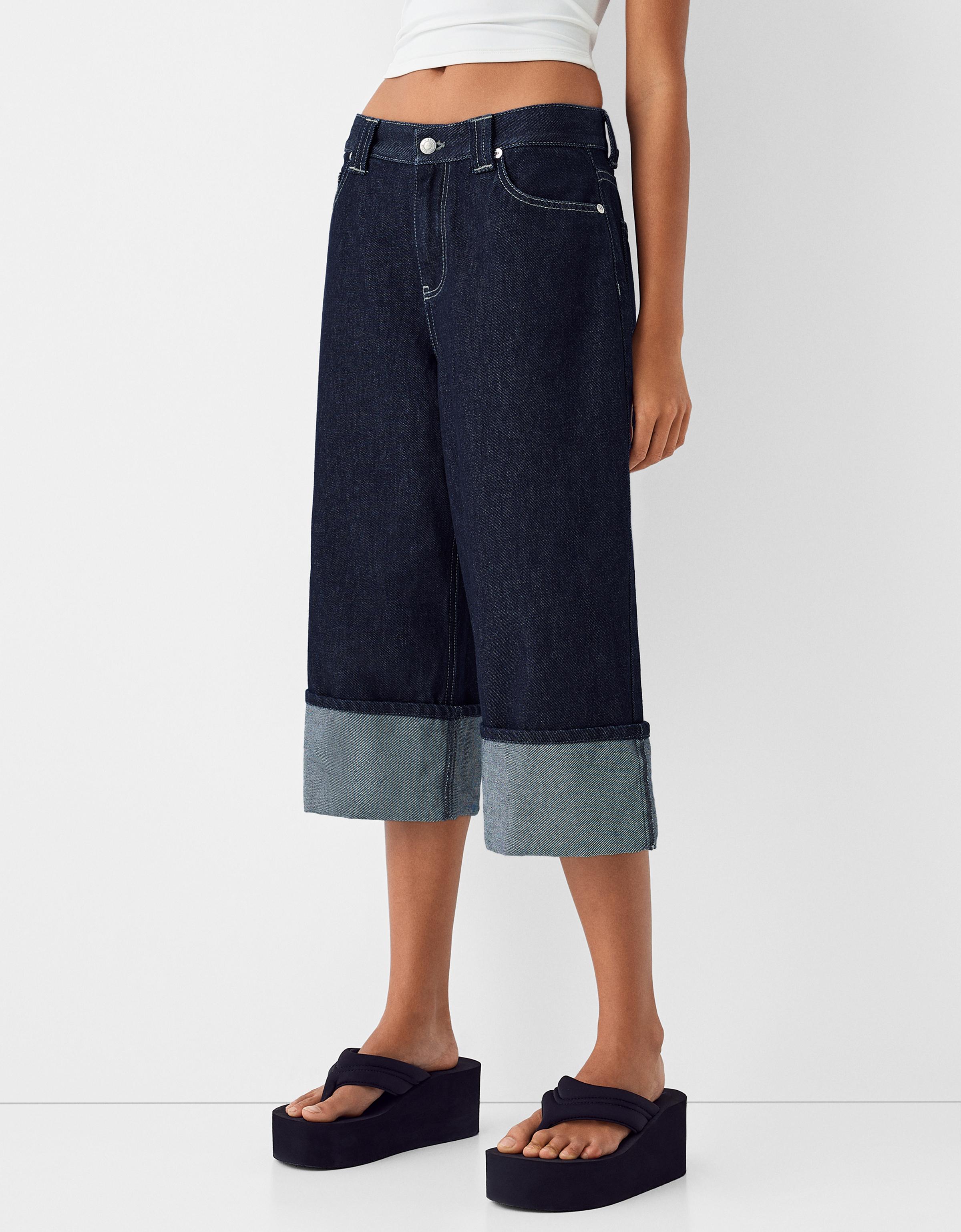 Bershka Jort-Bermudas Aus Denim Mit Umgeschlagenem Saum Damen 36 Marinenblau