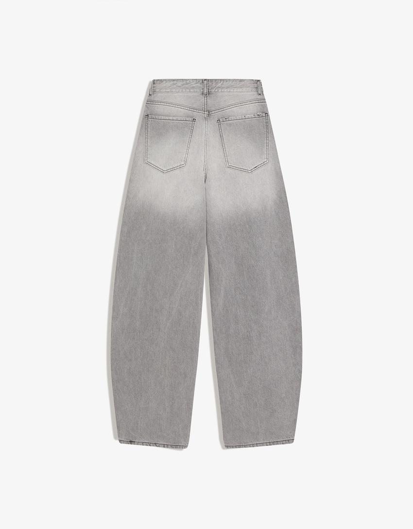 Jeans barrel tiro alto-Gris