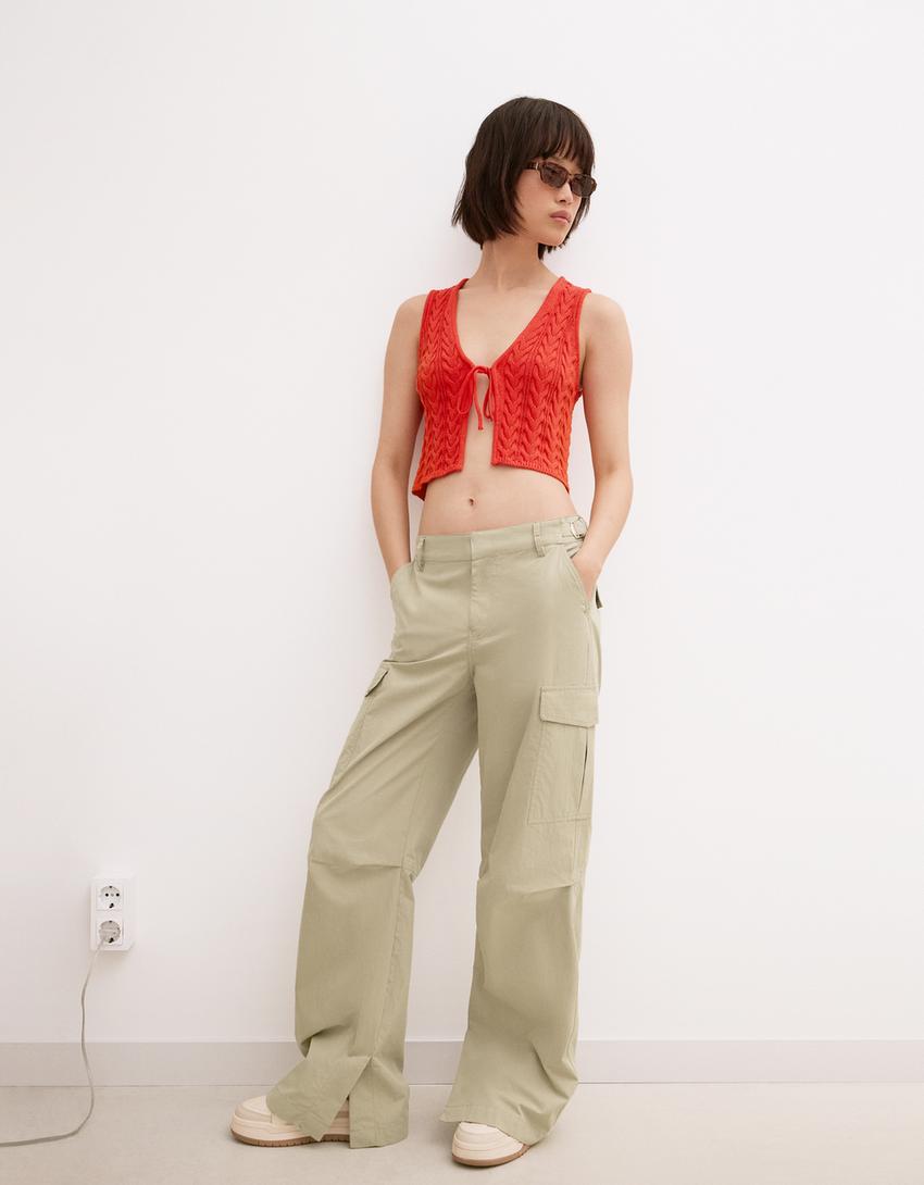 Pantalón wide leg cargo ajustable-Kaki-0