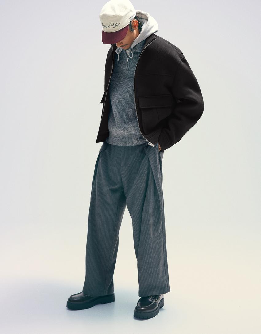 Felt texture jacket with zip-Black
