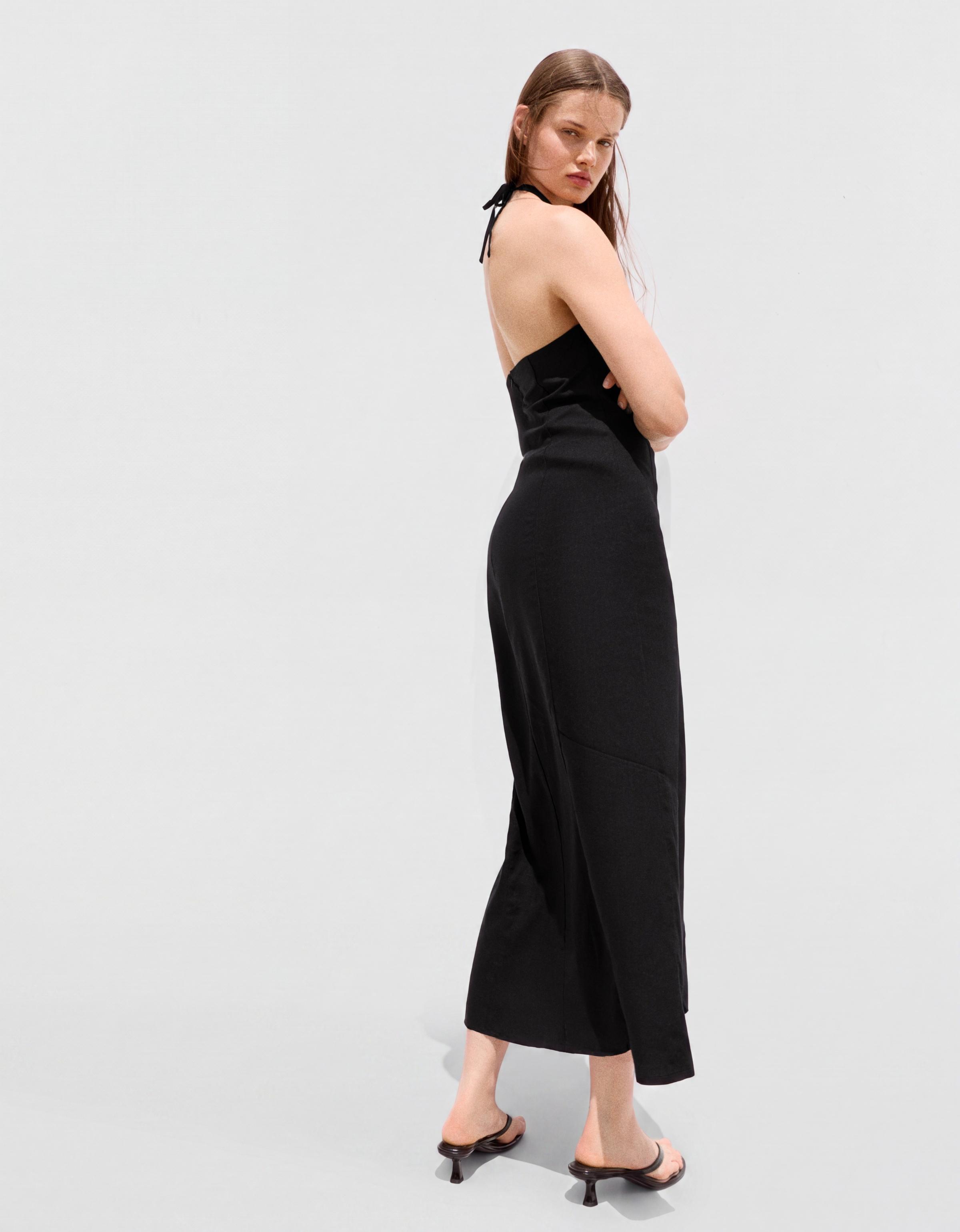 Halter midi dress with linen — Black