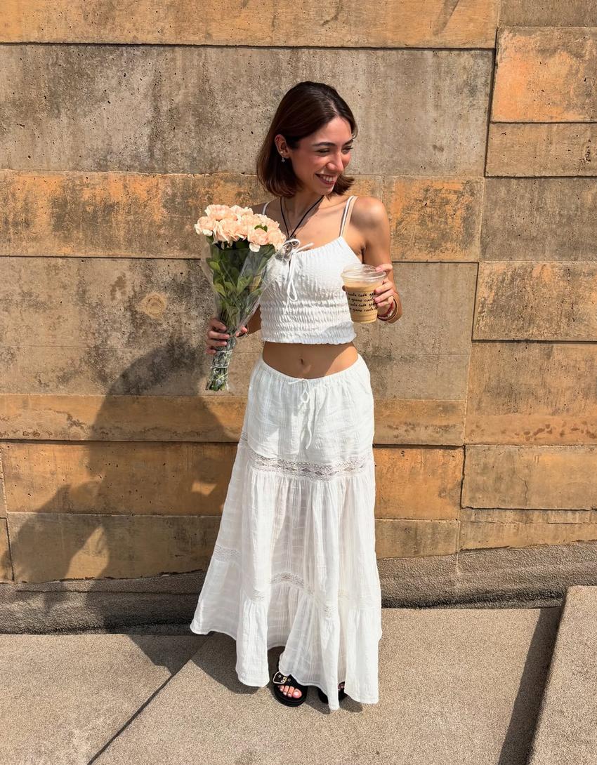 Midi skirt with lace trim-Off white-2