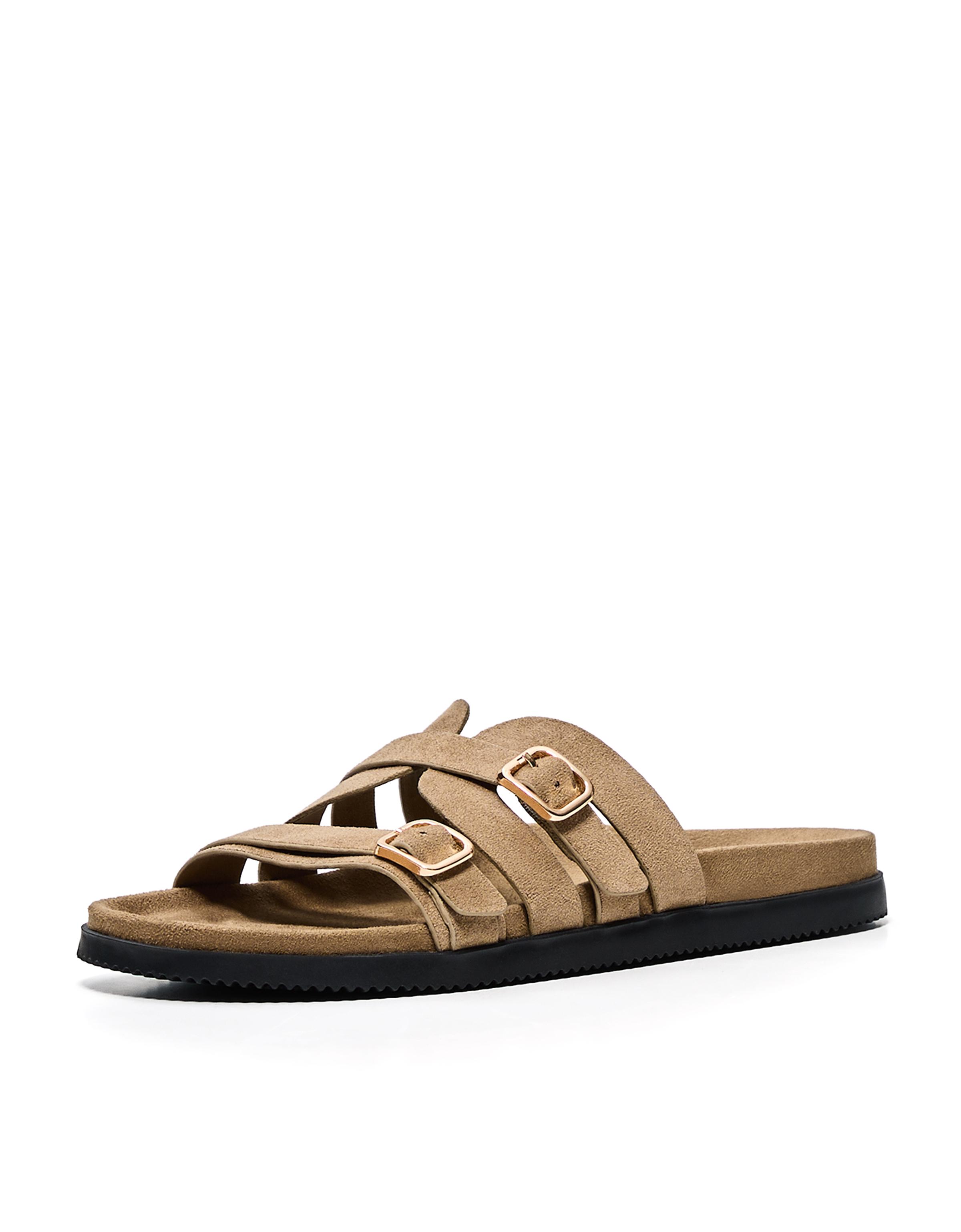 Buckle detail flat slider sandals — Tan