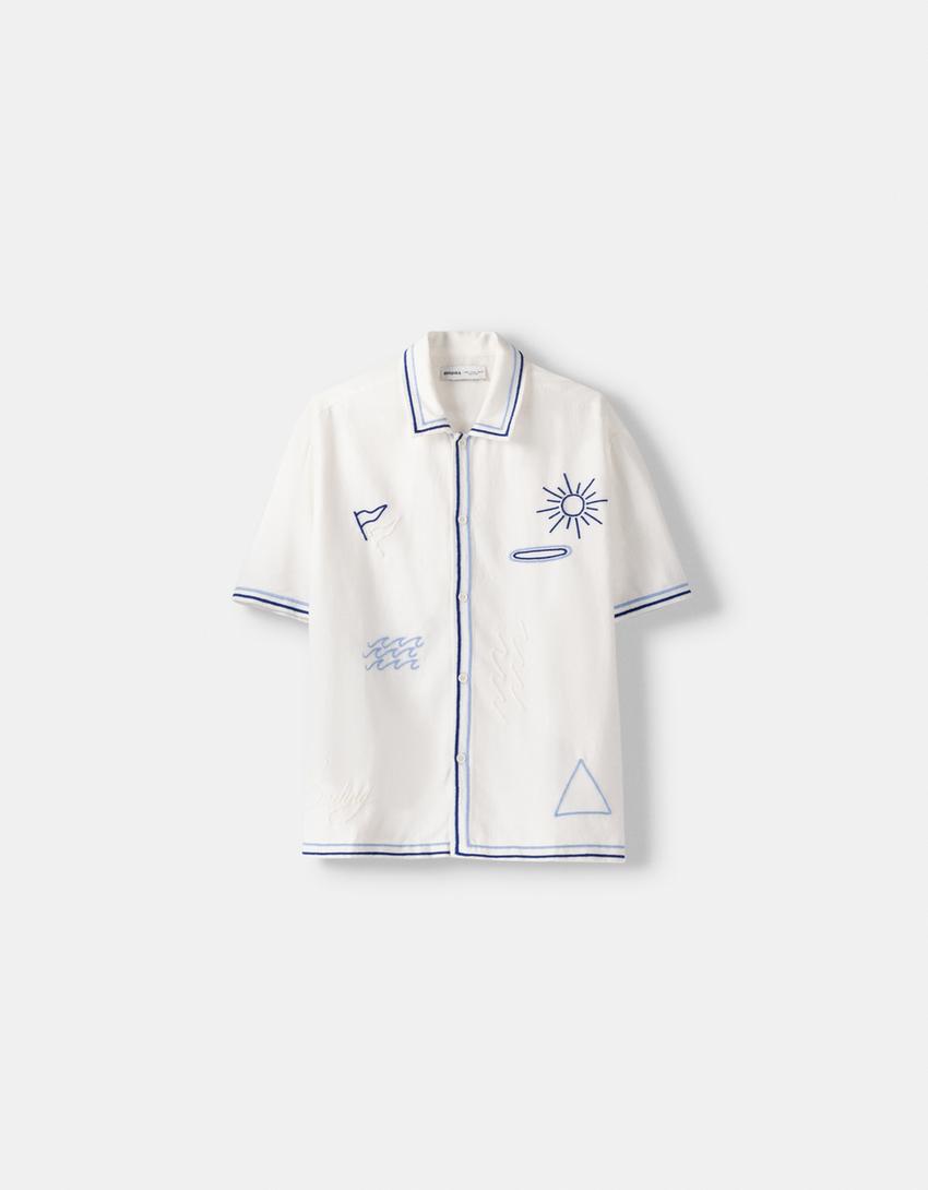 Chemise à manches courtes broderies-Blanc cassé-4