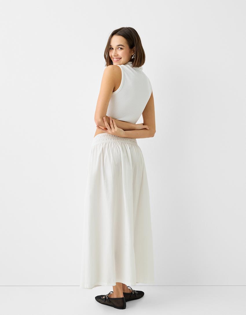 Saia midi popelina elástico cintura-Cru-2