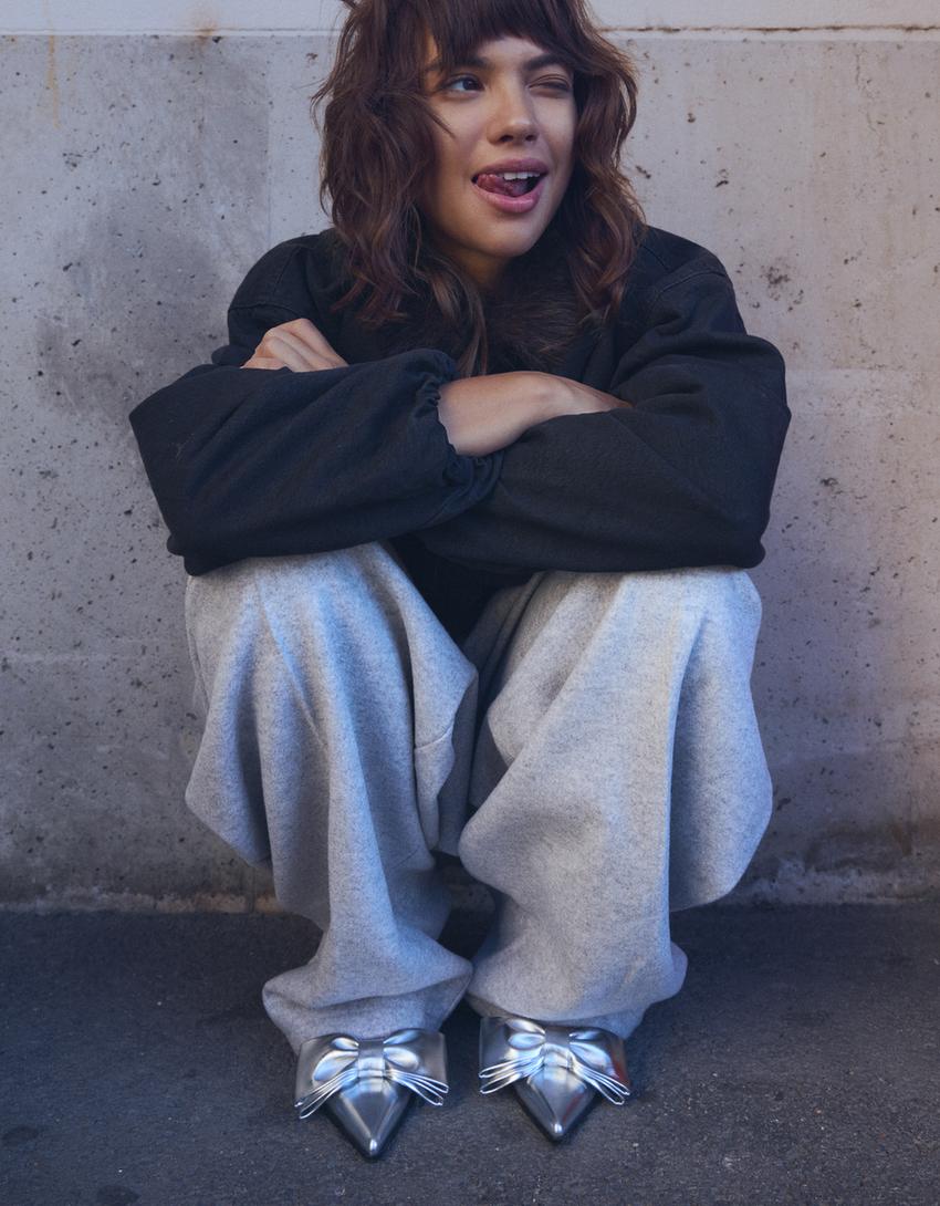 Bow kitten heel shoes-SILVER