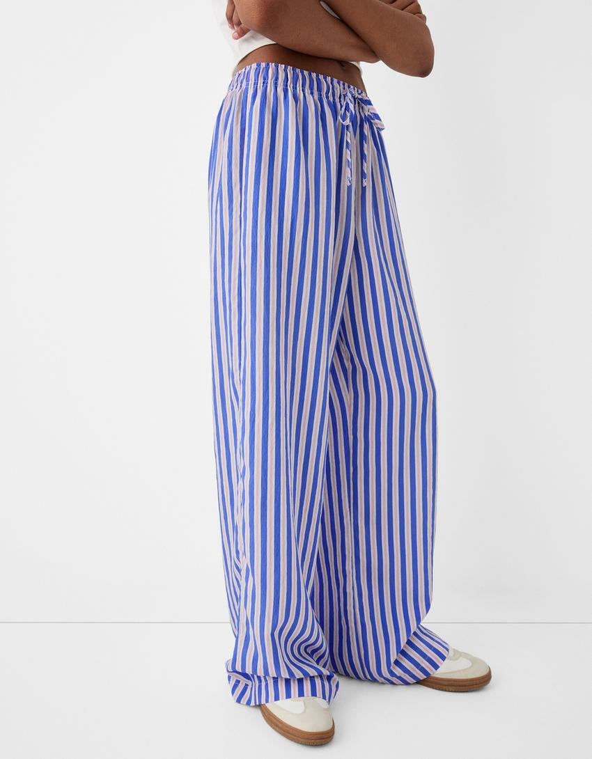 Flowing striped trousers with elastic waistband-Blue-3